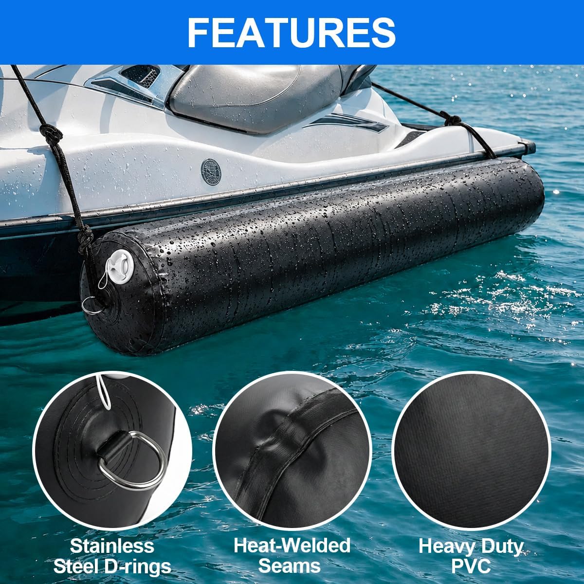 Inflatable Boat Fenders for Docking Heavy Duty Boat Bumpers 10"x27.5"/24" x 5'/18" x 10' Dock Fenders for Pontoon, Fishing Boat, Yacht - Image 3