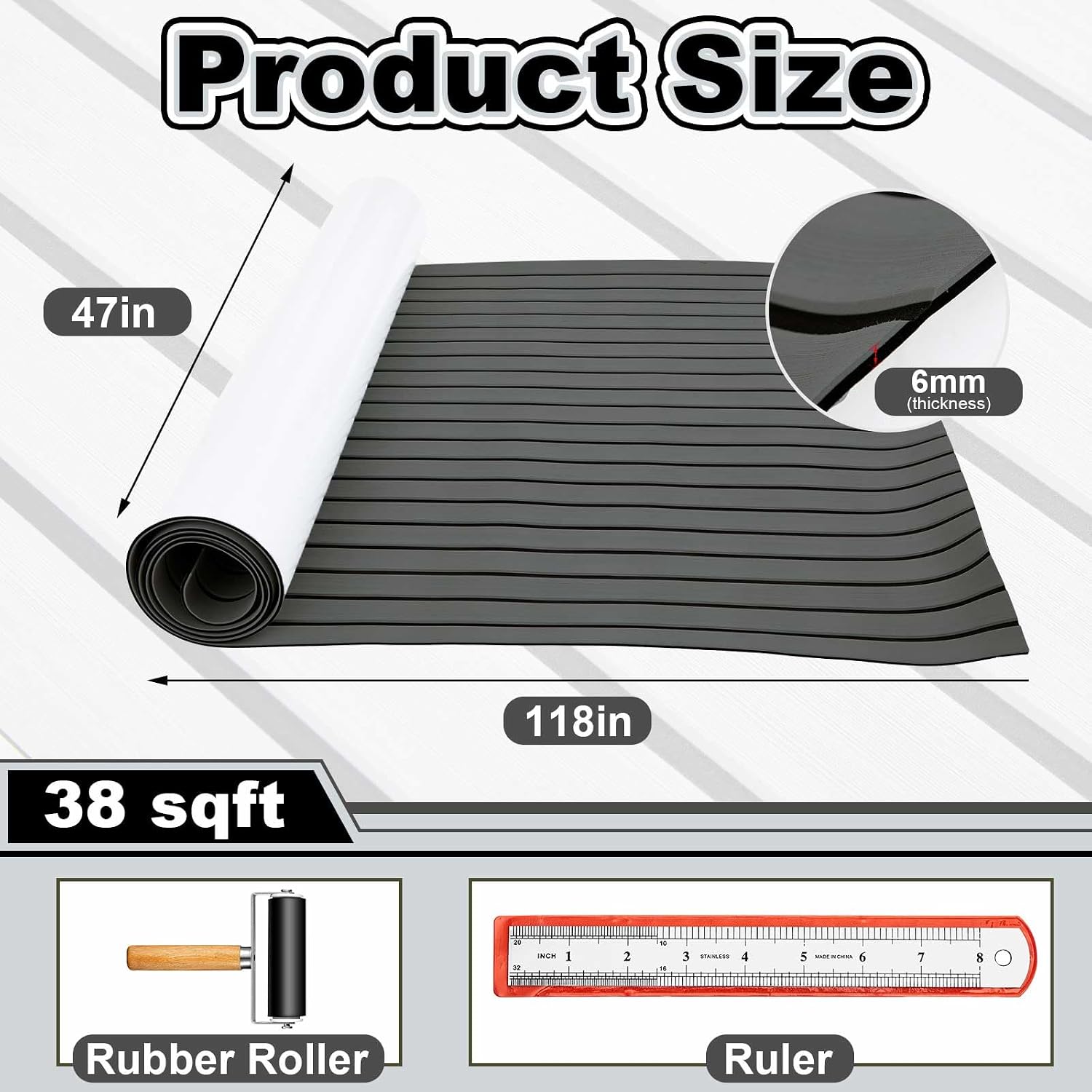 Duraaamo Boat Flooring EVA Foam 157"/ 118" x 47" Boat Decking Non Slip Marine Self Adhesive Carpet with Roller Ruler for Kayak Yacht Motorboat - Image 2