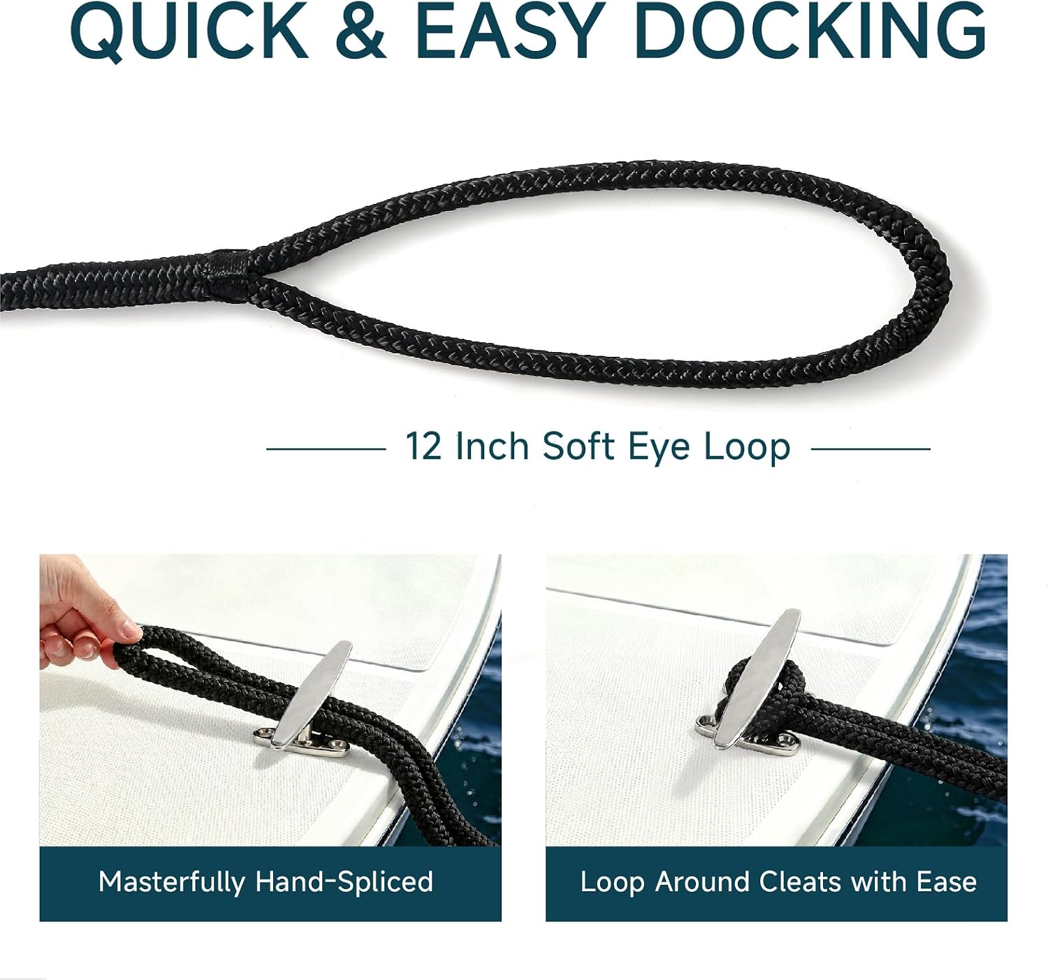 AUTOWN 4 Pack 3/8" x 15' Boat Dock Lines, Premium Marine-Grade Double Braided Nylon Dock Line, High Strength Boat Rope for Docking with 12" Loop, Easy Handling, Black - Image 3
