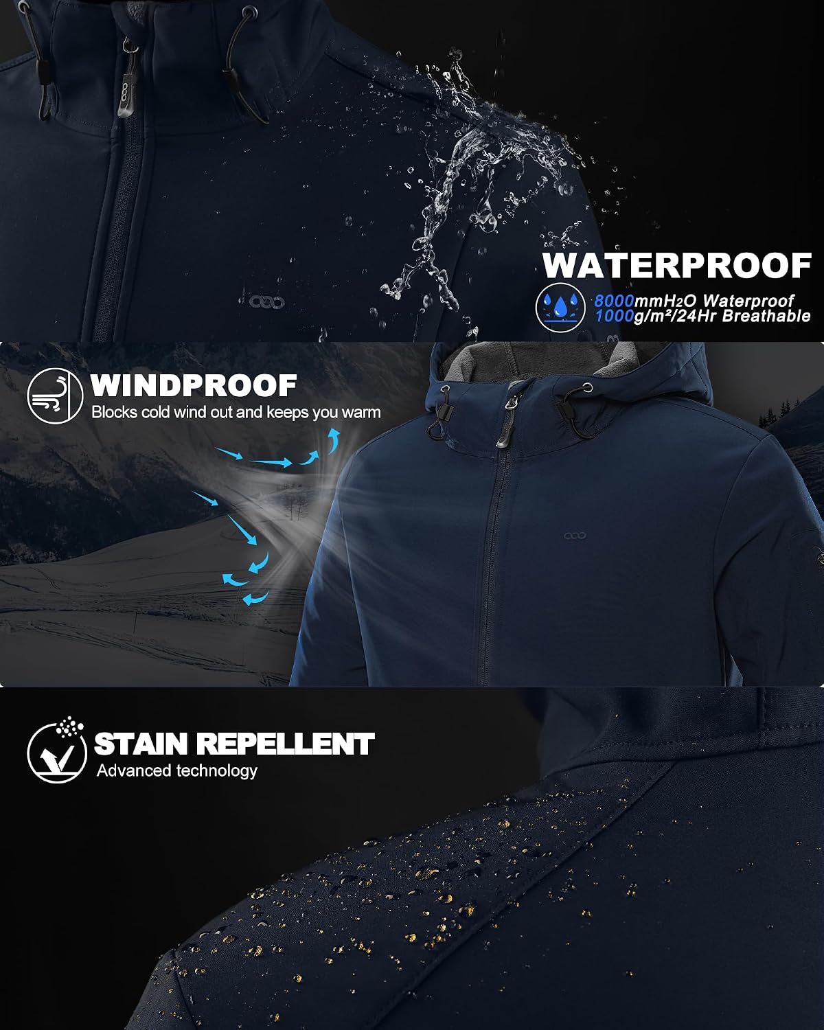 33,000ft Men's Hooded Softshell Jacket Waterproof Lightweight Insulated Windbreaker Fleece Lined Rain Shell Jacket - Image 3