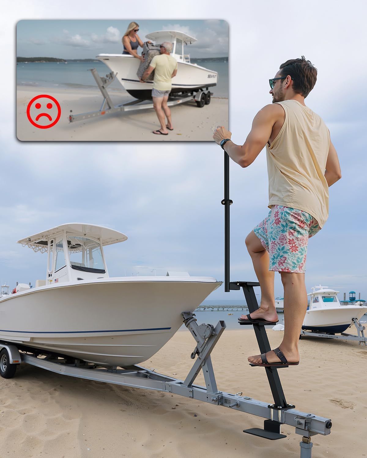 Boat Trailer Steps, Heavy-Duty Trailer Tongue Steps with Safety Grab Handle, Fits 3" x 3" & 3" x 5", 450lbs Capacity (4 Step, Standard Tread) - Image 2
