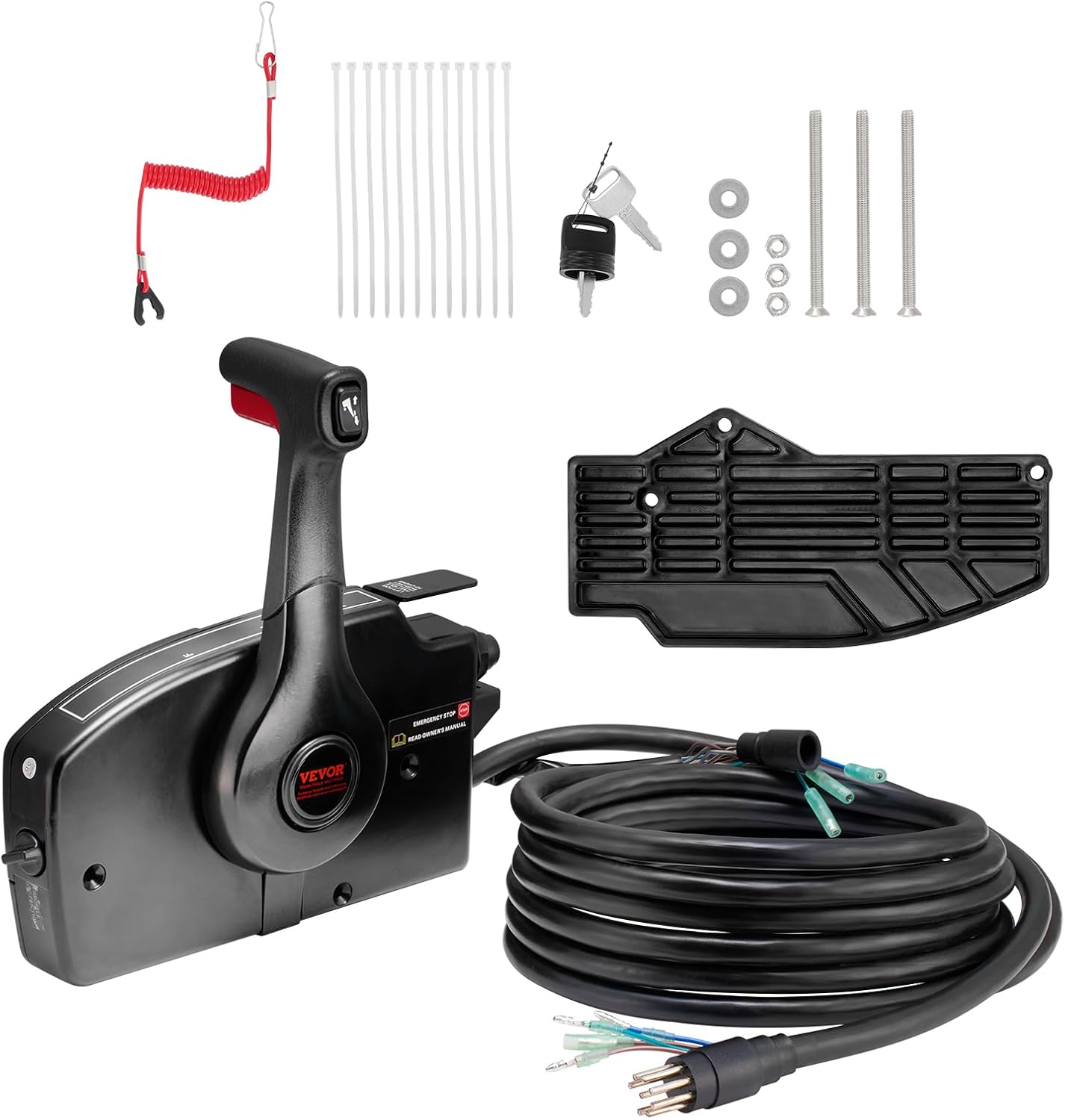 VEVOR Boat Throttle Control, 881170A15 Side-Mounted Outboard Remote Control Box, Features Power Trim Switch, 16.3 ft Harness 8+4 Pin, and Lanyard, Marine Throttle Control Box for Mercury PT 2-Stroke