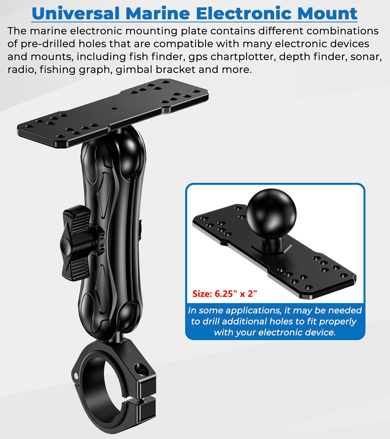 VAZESWIN Aluminum Alloy 1.5" Ball Fish Finder Mount, 5.7" Medium Arm Marine Electronic Mount with Bar Clamp Base, Fit 1.5" 1.65" 1.75" 1.85" 2" Round Rails, for Garmin, Lowrance, Humminbird, Raymarine - Image 7