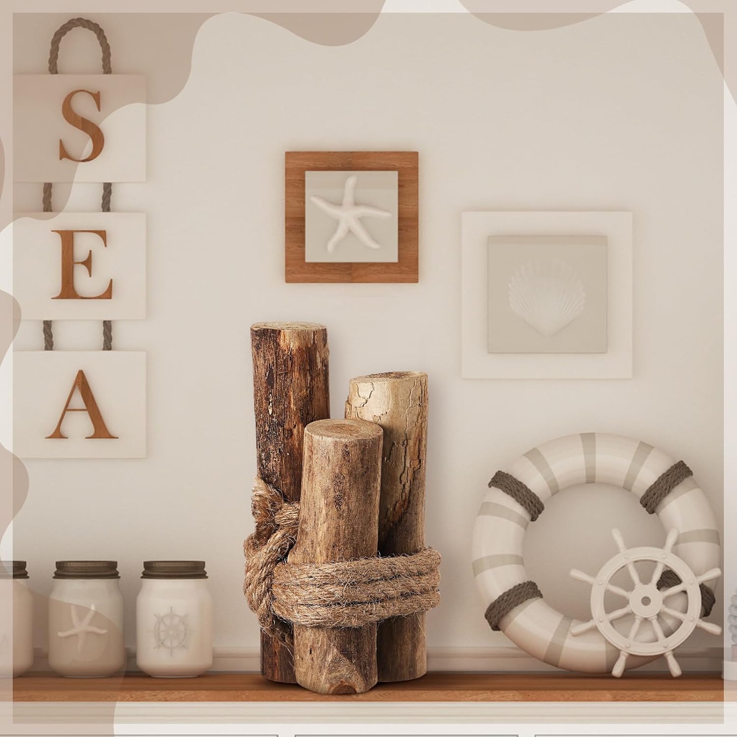 Threehoney Brown 3 Pcs Driftwood Decor Rustic Table Sign Beach Driftwood Piling Farmhouse Coastal Nautical Centerpieces Tables Coastal Decor for Fish Tanks Summer Christmas Kitchen Dining Decoration - Image 3