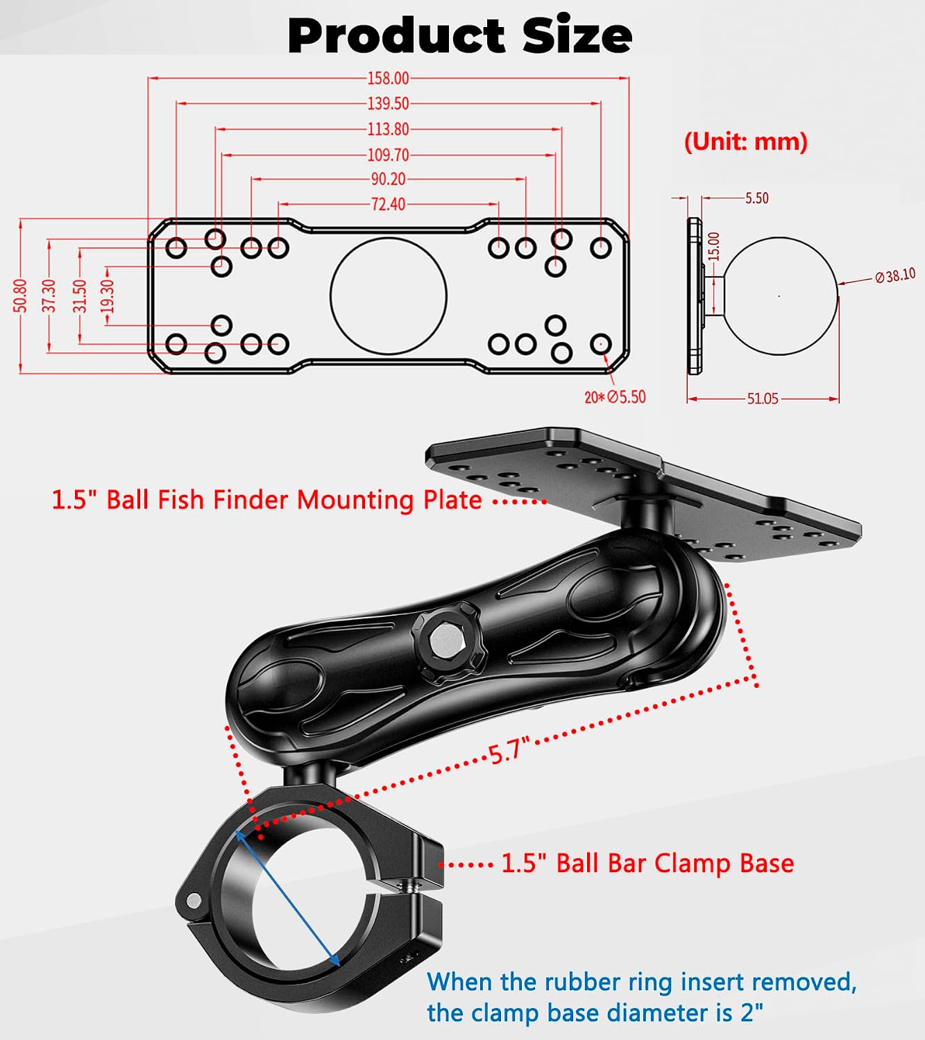 VAZESWIN Aluminum Alloy 1.5" Ball Fish Finder Mount, 5.7" Medium Arm Marine Electronic Mount with Bar Clamp Base, Fit 1.5" 1.65" 1.75" 1.85" 2" Round Rails, for Garmin, Lowrance, Humminbird, Raymarine - Image 8
