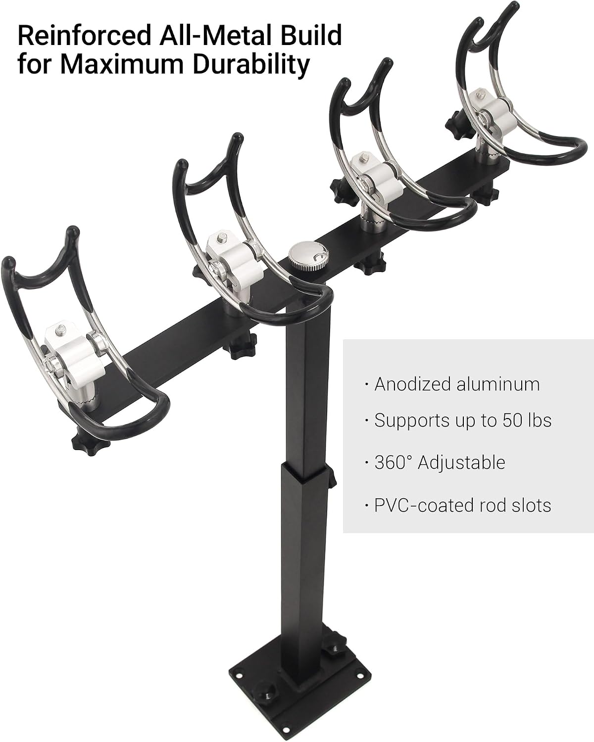 Premium Aluminum Boat Rod Holder - 360° Rotating Fishing Rack for 4 Rods, Adjustable Height (16-30 Inches), Saltwater/Freshwater Compatible with Quick-Release Anti-Trip Mount - Image 5