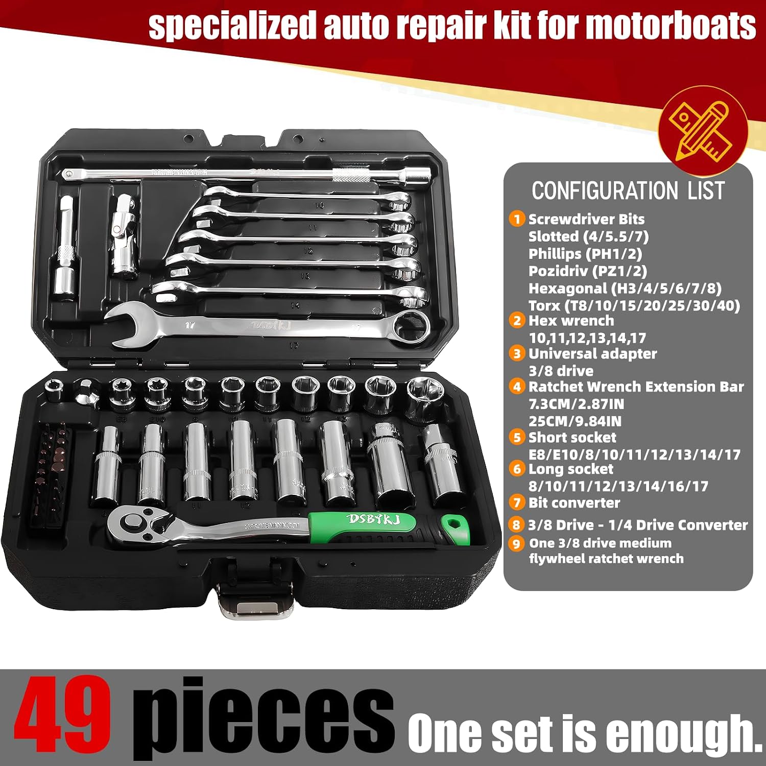 49-Piece Professional Motorboat & Yacht Maintenance Tool Kit, High-Strength Chrome Vanadium Steel with 72-Tooth Ratchet Wrench, 1/4 & 3/8 Inch Drive Metric & Standard Socket Wrench Set - Image 8