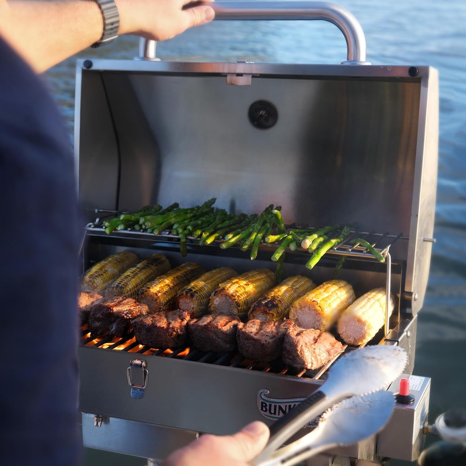 Bunker Up Fishin Stainless Steel Boat Grill with Pontoon Railing Mount - Fits 1 1/4″ Square Rail - Great for Boating and Camping, 12000 BTU, 277 sq.in Grilling Space and 87 sq.in Warming Rack - Image 3