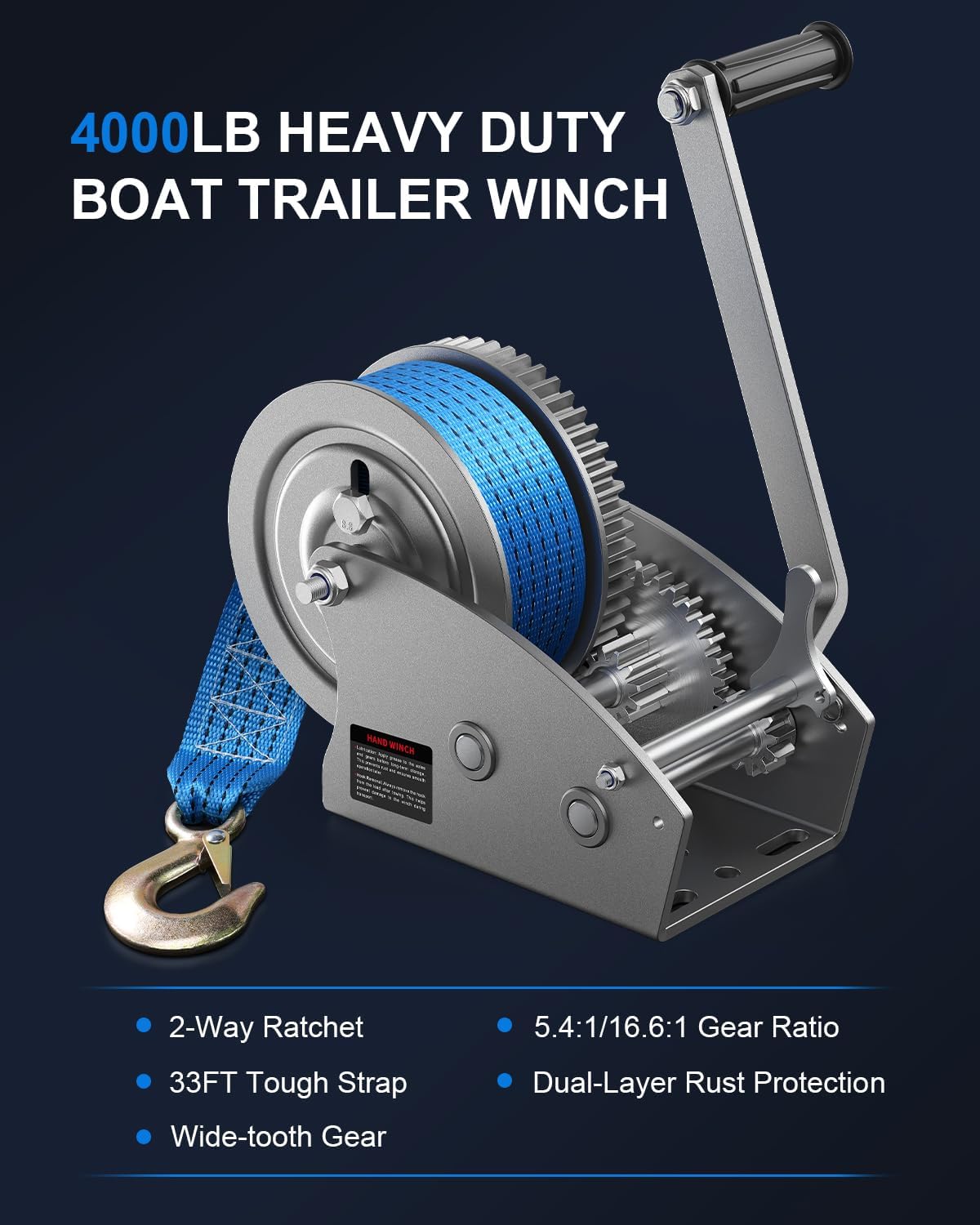 4000lb Boat Trailer Winch, Upgraded 2-Way Ratchet with Enhanced Wider Gears and Switch, 5.4:1/16.6:1 Gear Ratio, 33FT Polyester Strap, Heavy Duty Hand Winch for Boat, ATV, Trailer, Jet Ski - Image 2
