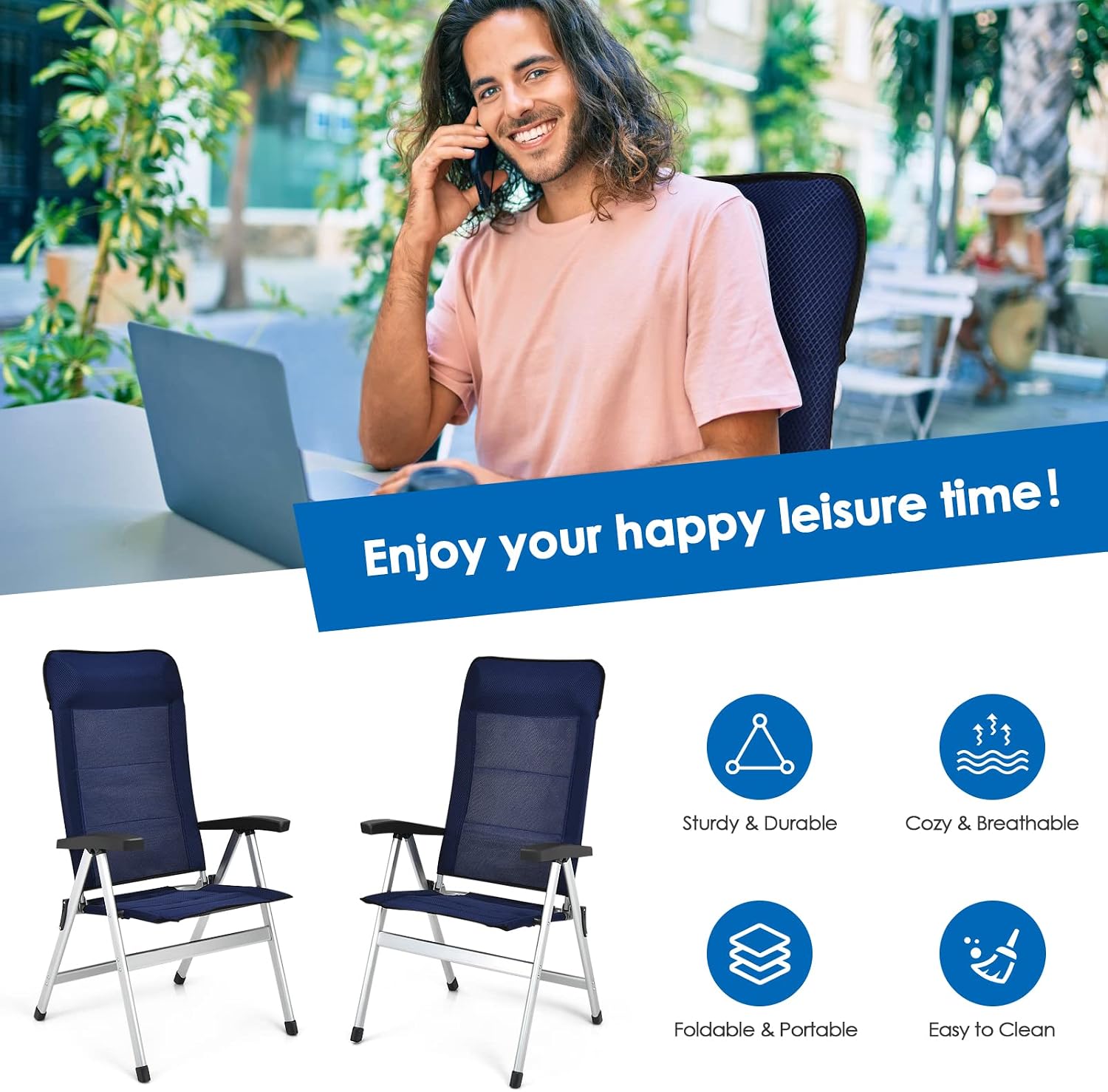 Tangkula Set of 2 Patio Folding Chairs, Portable Reclining Chairs with 7-Position Adjustable Back & Padded Headrest, Outdoor Indoor High Back Chaise Lounge Armchair for Poolside, Yard, Lawn, Navy - Image 9