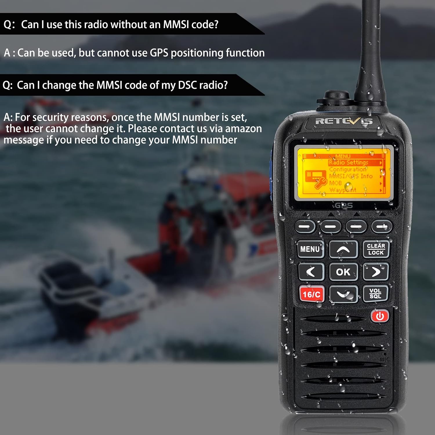Retevis RM40 Marine Radio with GPS,DSC Distress Call,Mob Alarm,IP67 Waterproof Floating Handheld Radio,NOAA Weather Alert,1500mAh Battery,International Channels,for Boats Sailing Coast Guard (1 Pack) - Image 2