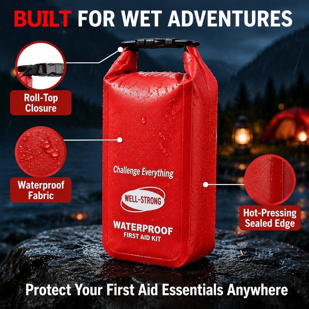 Waterproof First Aid Kit Roll Top Boat Emergency Kit with Waterproof Contents for Fishing Kayaking Boating Swimming Camping Rafting Beach Red - Image 2
