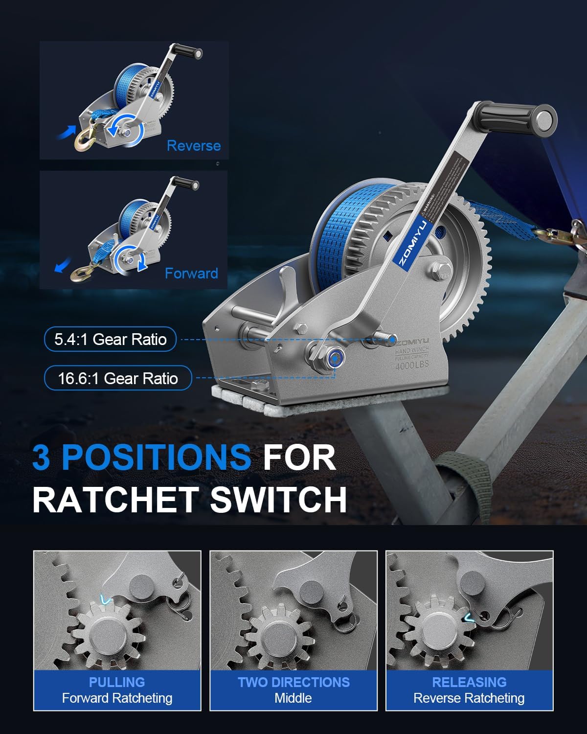 4000lb Boat Trailer Winch, Upgraded 2-Way Ratchet with Enhanced Wider Gears and Switch, 5.4:1/16.6:1 Gear Ratio, 33FT Polyester Strap, Heavy Duty Hand Winch for Boat, ATV, Trailer, Jet Ski - Image 6