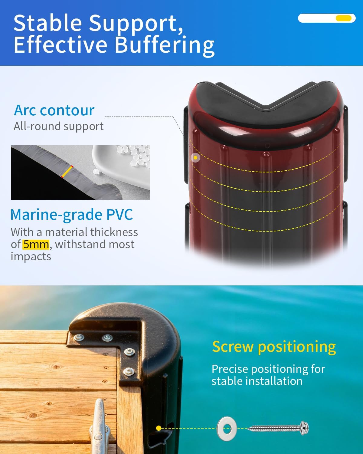 OCEANBROAD Dock Corner Bumpers, Heavy-Duty Marine Guard for Dock Corner & Edge Protection, UV-Resistant PVC with Stainless Steel Hardware, Vertical Installation for Straight Corners - Image 3