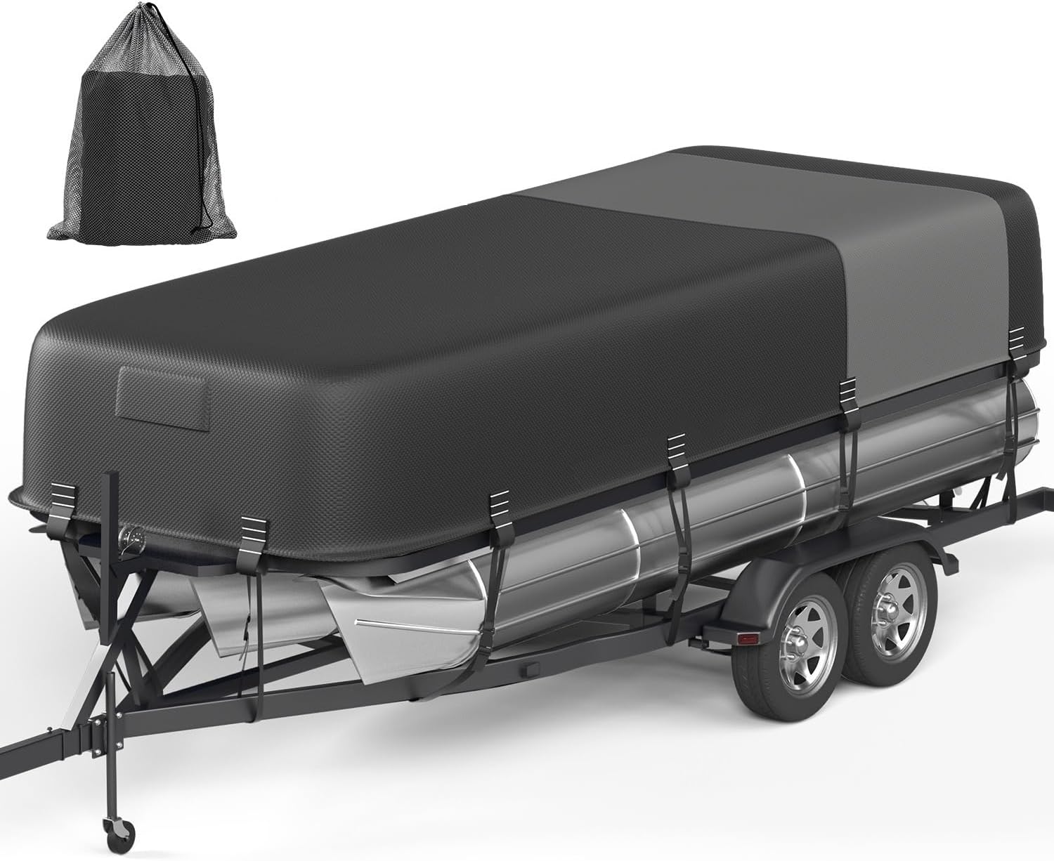 5-Ply 1600D+1200D Pontoon Boat Cover - Fully Waterproof & Ultra-Durable Tear-Resistant, with Large Storage Bag & Reinforced Windproof Straps (Fits 17'-20' Length,102" Width)