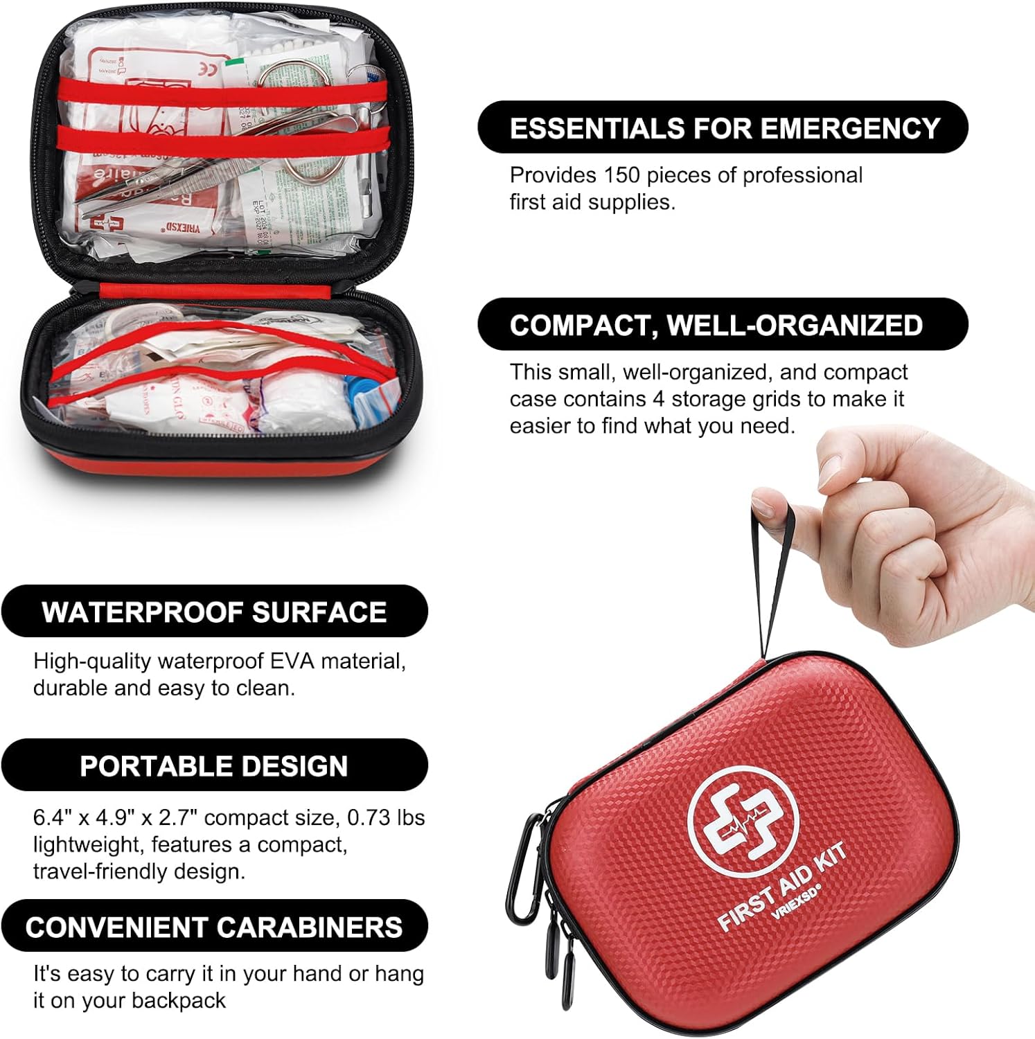 Mini First Aid Kit - 150 Piece Small Waterproof Hard Shell Medical Kit for Home, Car, Travel, Camping, Truck, Hiking, Sports, Office, Vehicle & Outdoor Emergencies- Small First Aid Medical Kit (Red) - Image 4