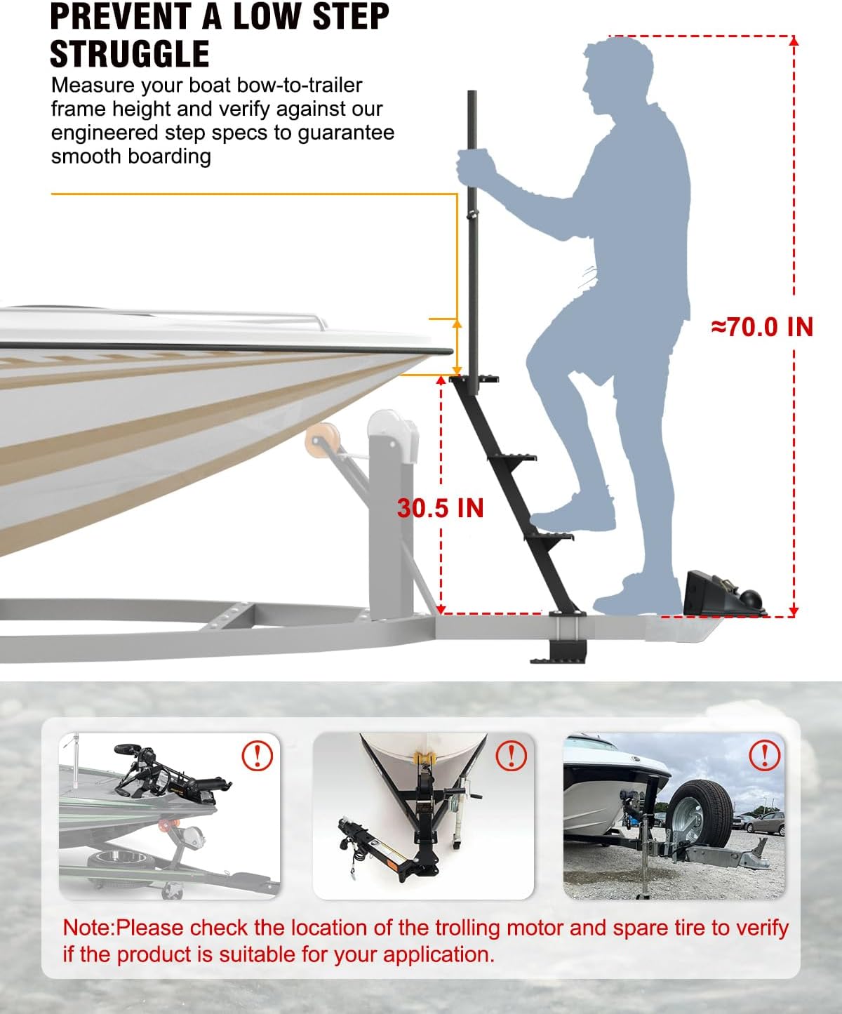 Boat Trailer Steps, Heavy-Duty Trailer Tongue Steps with Safety Grab Handle, Fits 3" x 3" & 3" x 5", 450lbs Capacity (4 Step, Standard Tread) - Image 4