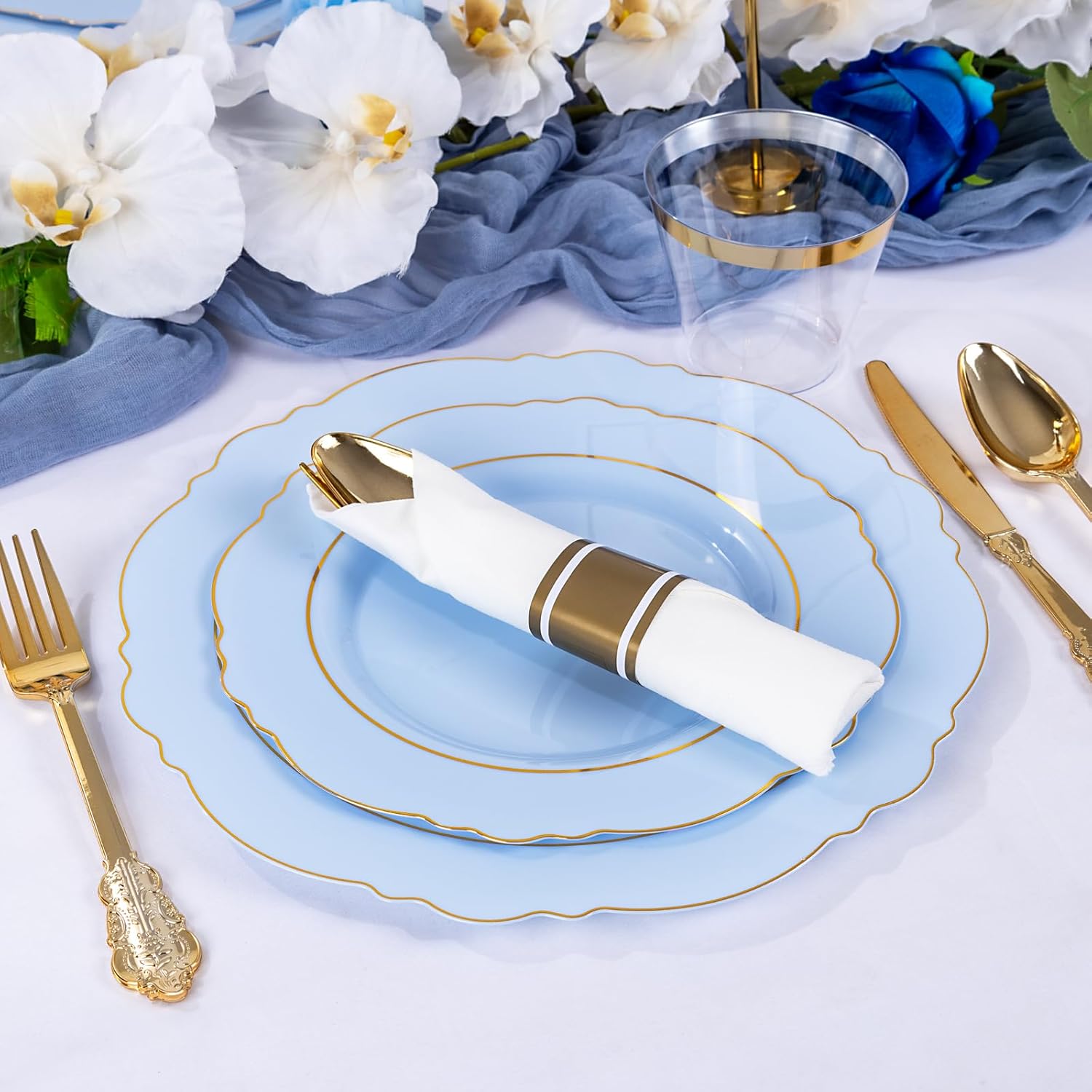 Liacere 350PCS Blue Plastic Plates - Disposable Blue and Gold Plates 50guest Baroque Plastic Dinnerware include 100Plates, 50Pack Pre Rolled Napkins with Silverware 50Cups for Wedding&Party - Image 3