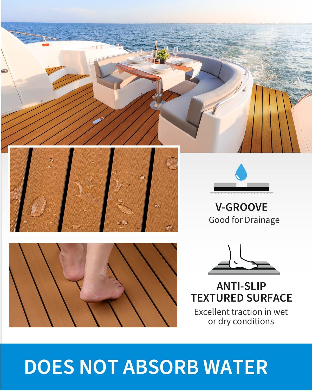 OCEANBROAD EVA Foam Boat Flooring with 3M Adhesive Backing Marine Self-Adhesive Decking 96''x45.6''/36''/28.8''/16.8'', 48''x16.8'' Faux Teak Sheet for Jon Boats Swim Platform Helm Pad RV Floor | Double-layer, Non-Slip, 6 mm Thick Eva Foam, Multiple Sizes and Colors, Easy to Install, For Marine Decking - Image 3