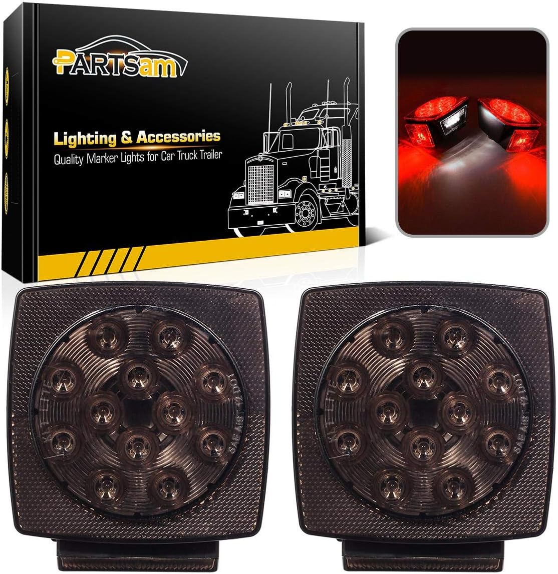 Partsam 12V Submersible Square Led Trailer Lights Smoked Red Combination Led Stop Tail Brake Turn Signal Light for Trailers Under 80" Boat Trailer Truck Marine Camper RV Snowmobile IP68