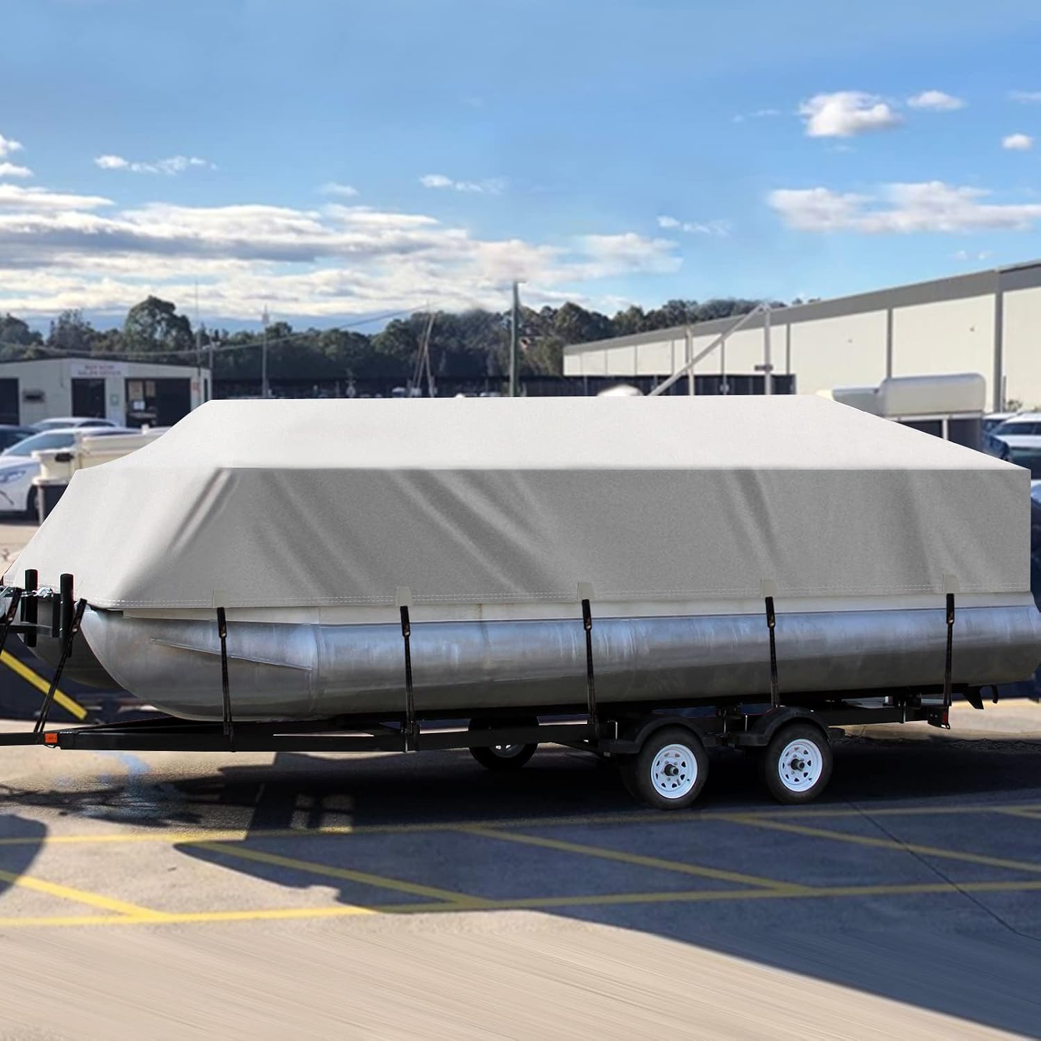 Solim Trailerable 1200D PU Heavy Duty Pontoon Boat Cover, 22-24ft Waterproof Marine Grade Oxford UV Resistant Polyester Canvas Cover, Boat Cover for Pontoon with Adjustable 18 Tie Down Straps, Gray - Image 7
