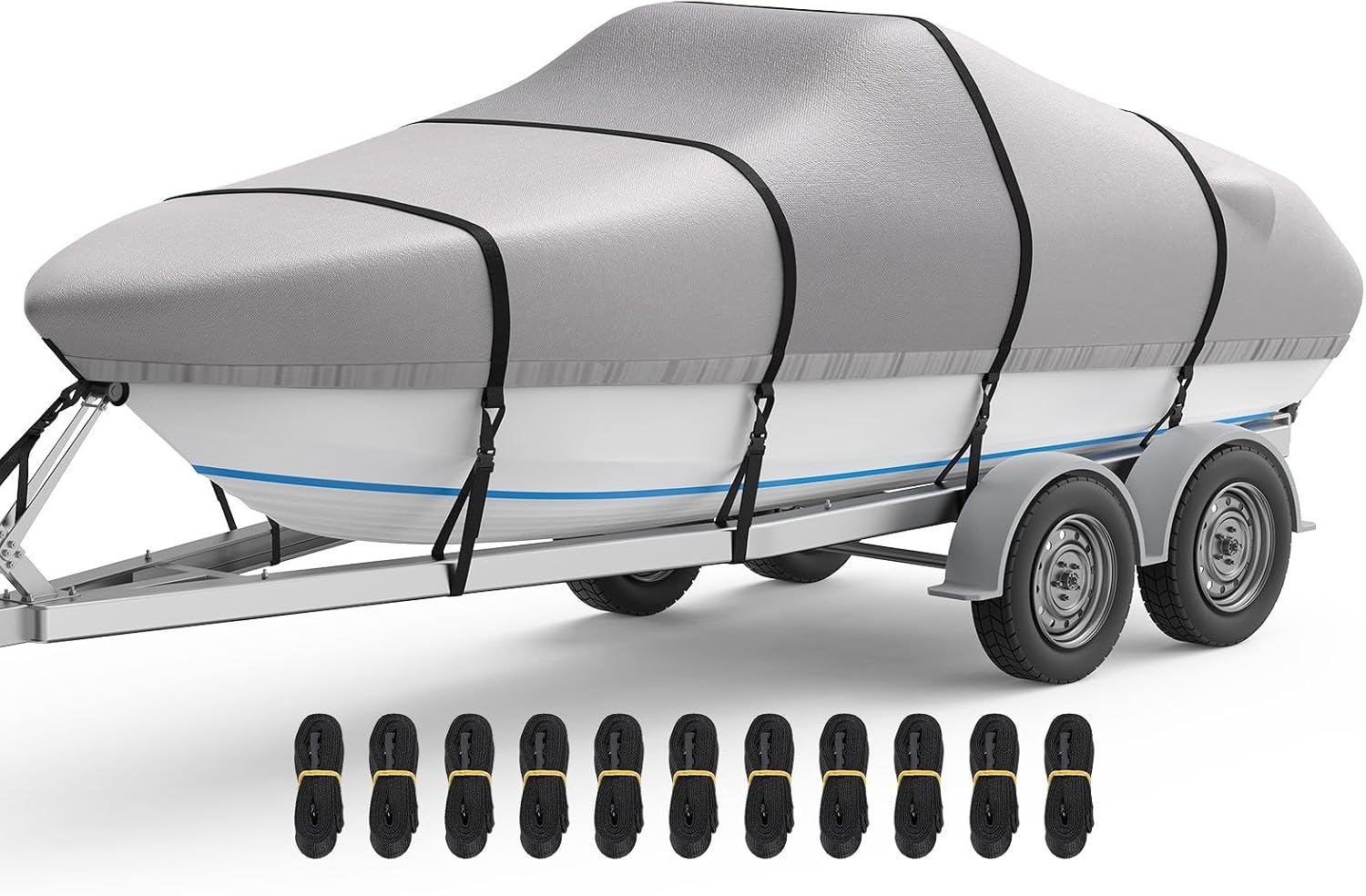 RVMasking Waterproof Boat Cover 20-22 ft, 1400D Heavy Duty Middle Reinforced Marine Grade Trailerable Cover, Fits 20'-22' V-Hull Tri-Hull Bass Boat Runabout Fish Ski Boat with Storage Bag, Gray