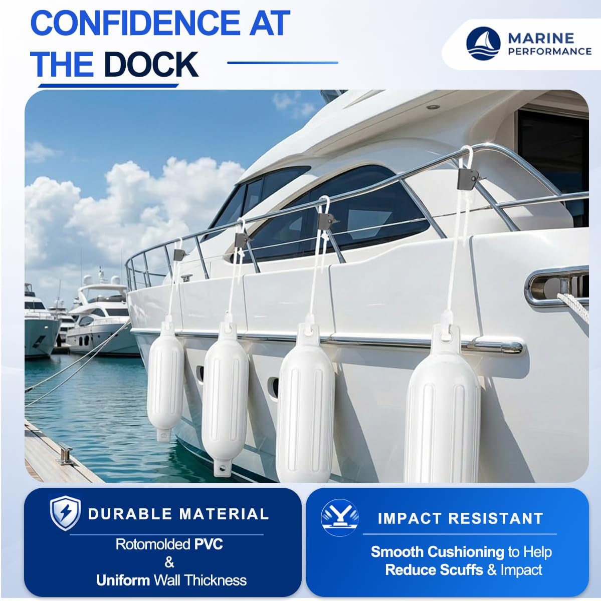 White Boat Fenders for Docking 5.5."/6.5"/8.5" Inflatable Ribbed Marine Boat Fender with Fender Lines 6.5ft, Stainless Steel Fender Hanger Clips - Image 5
