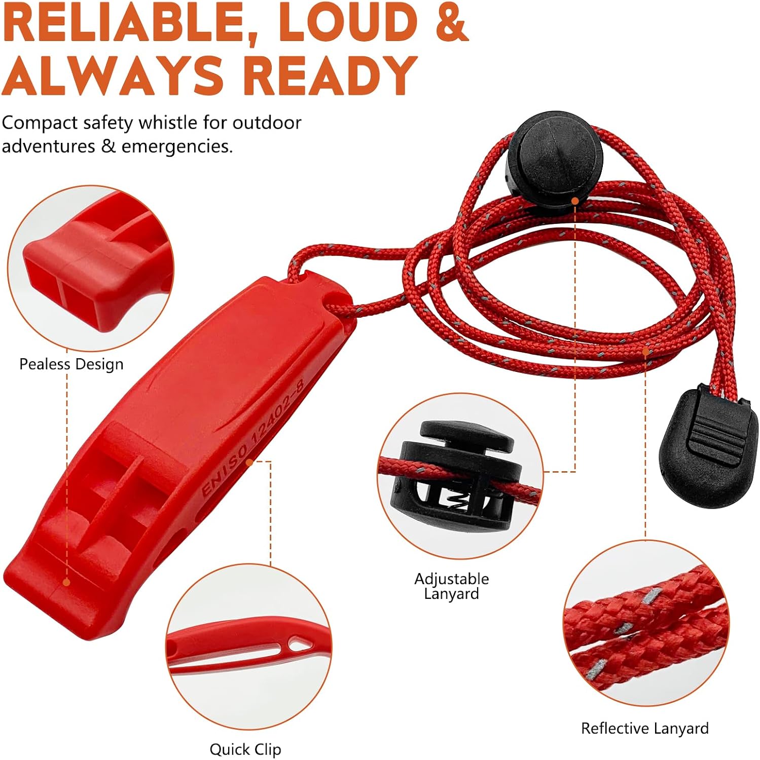 Emergency Whistles Survival, 2PCs Super Loud Double Tube Safety Whistles with Adjustable Reflective Lanyard, Waterproof Boat Whistle for Life Vest Jacket, Kayak, Hiking, Kids (Red) - Image 2