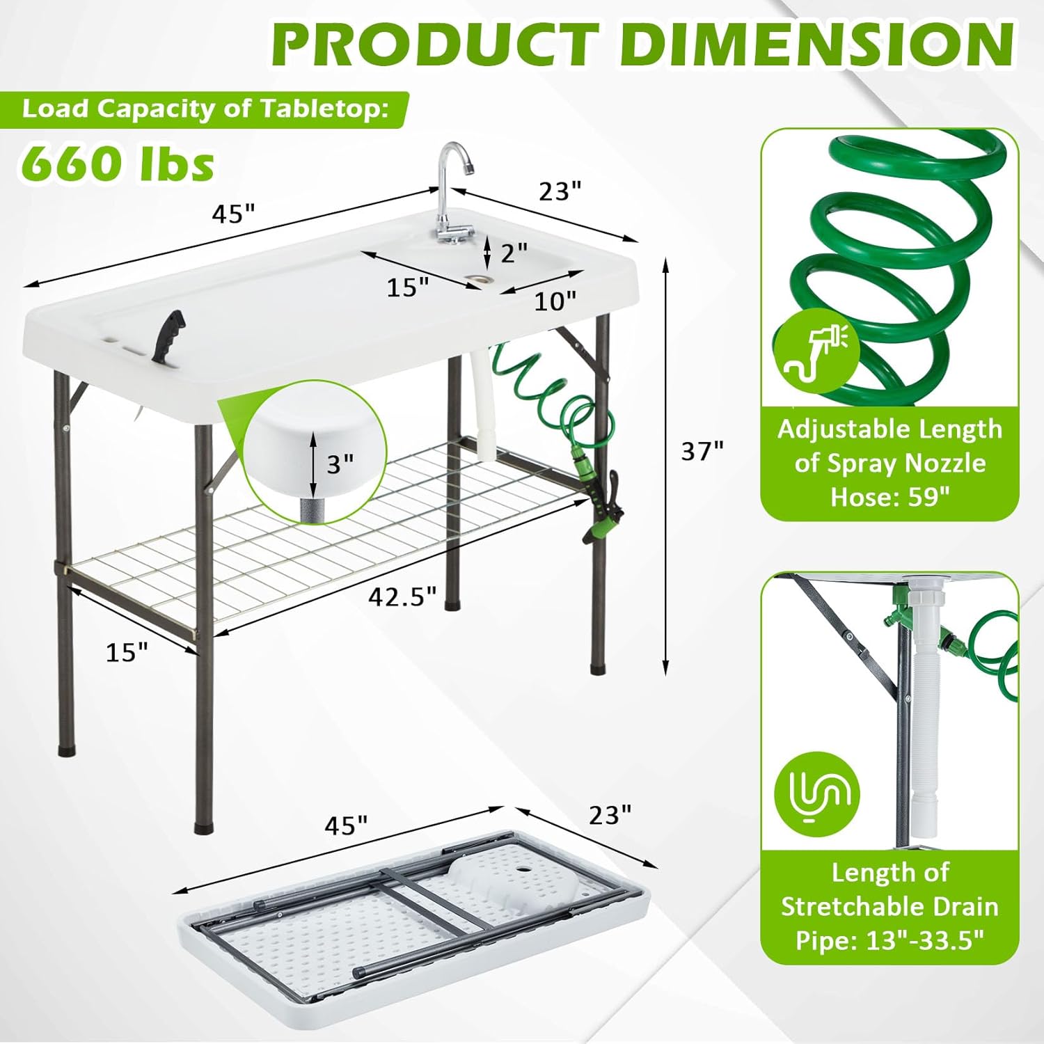 Folding Fish Cleaning Table with Collapsible Bucket, Portable Outdoor Fillet Station Camping Sink Table with Faucet, Drainage Hose & Sprayer, Grid Rack, Knife Groove for Picnic Fishing - Image 3