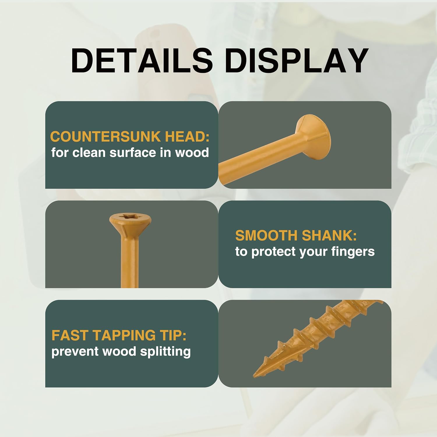 T.K.Excellent Deck Screws 3 Inch Wood Screws #10 x 3, 315 Pcs, Rust Resistant Structural Screws Tan Exterior Fence Screws Torx Drive Screw, Two T25 Bits, Brilliant Yellow Ruspert Coating Rust Proof - Image 4