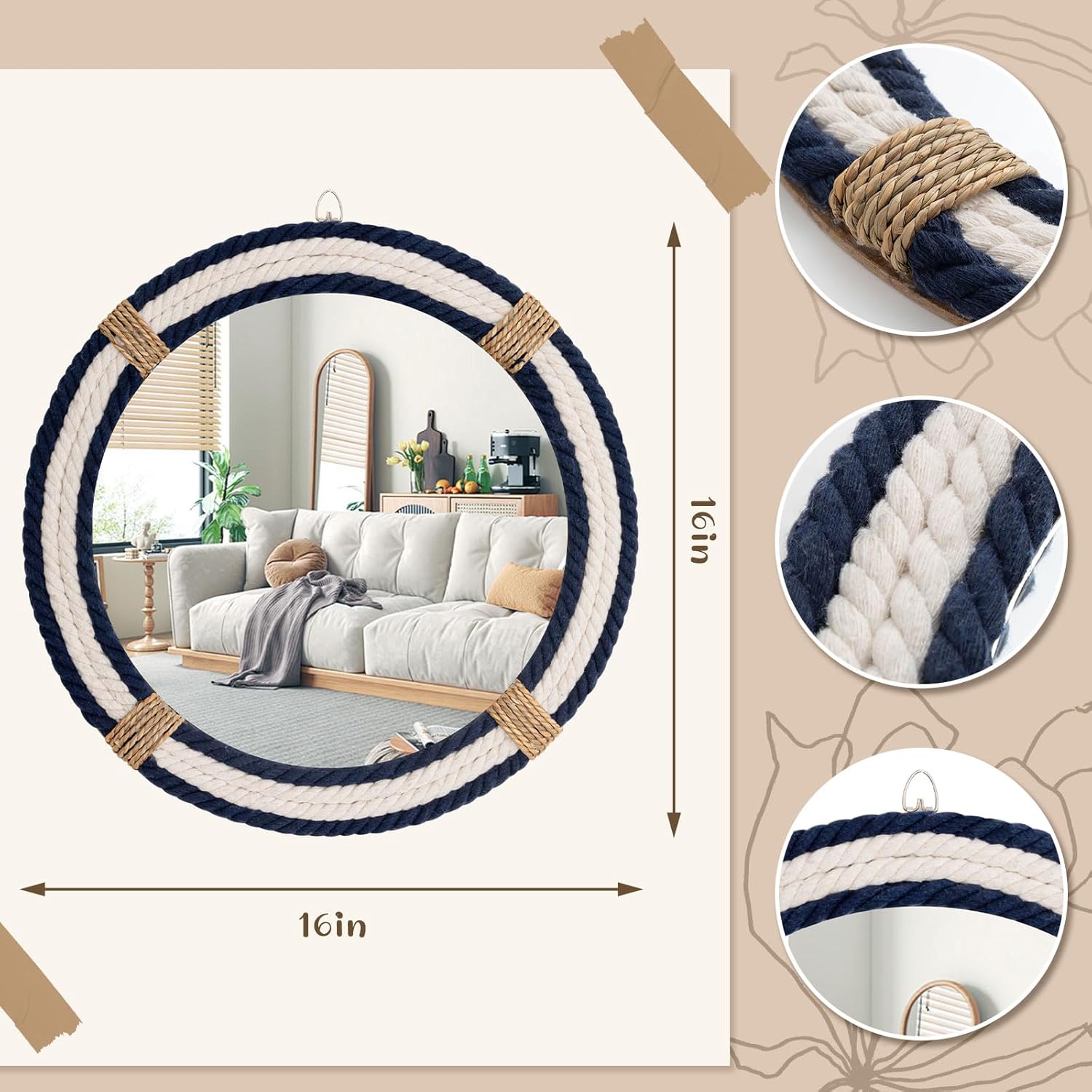 Vercraft Nautical Coastal Mirror 16" Wall Decor with Rope Wrapped Trim and Hanging Loop Round Circle Nursery Mirror Nautical Boho Rustic Decorative for Living Room, Bedroom Blue and White - Image 2