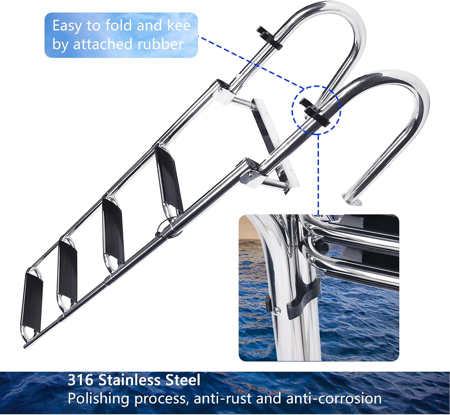 Heavy Duty Pontoon Boat Ladder, 316 Stainless Steel 4 Step Folding Ladder | Telescoping, Rear Entry Inboard, All Welded Reinforce, Wide Steps, Strong Handrails,Inboard Ladder, Dock Swim Deck Ladder - Image 9
