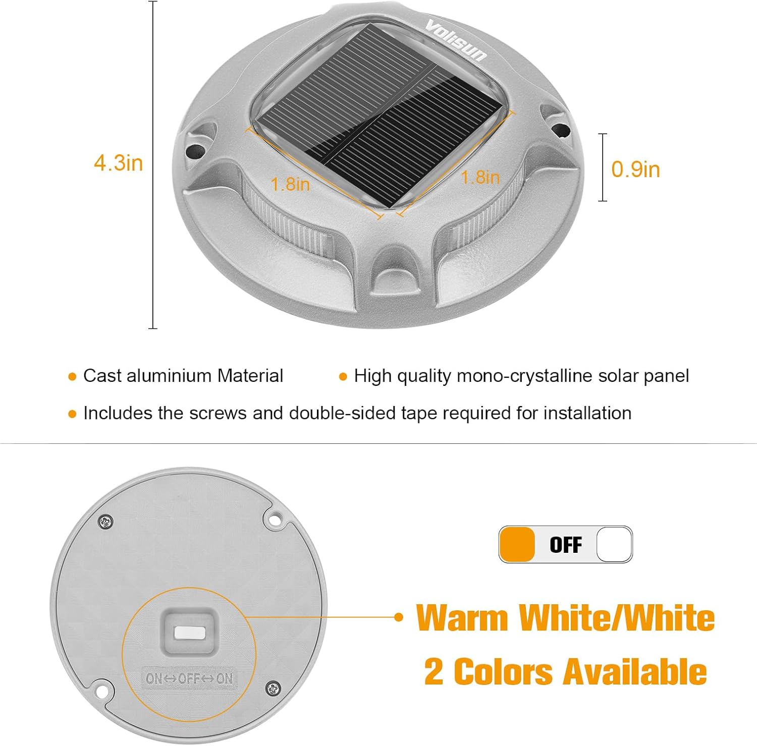 VOLISUN Solar Driveway Lights Dock Marine Lights 12 Pack,2 Colors in 1,Outdoor IP67 LED Deck Light,Solar Powered Waterproof Warning Step Light for Driveway Sidewalk Pathway (White/Warm White) - Image 6