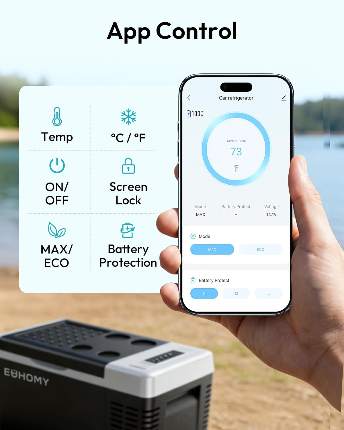 EUHOMY 12 Volt Refrigerator, 19QT(18L) Compressor Electric Cooler APP Control, Car Fridge -4℉~68℉, Portable Refrigerator 12/24V DC 100-240V AC, Portable Freezer for Camping, Travel, Boat - Image 9