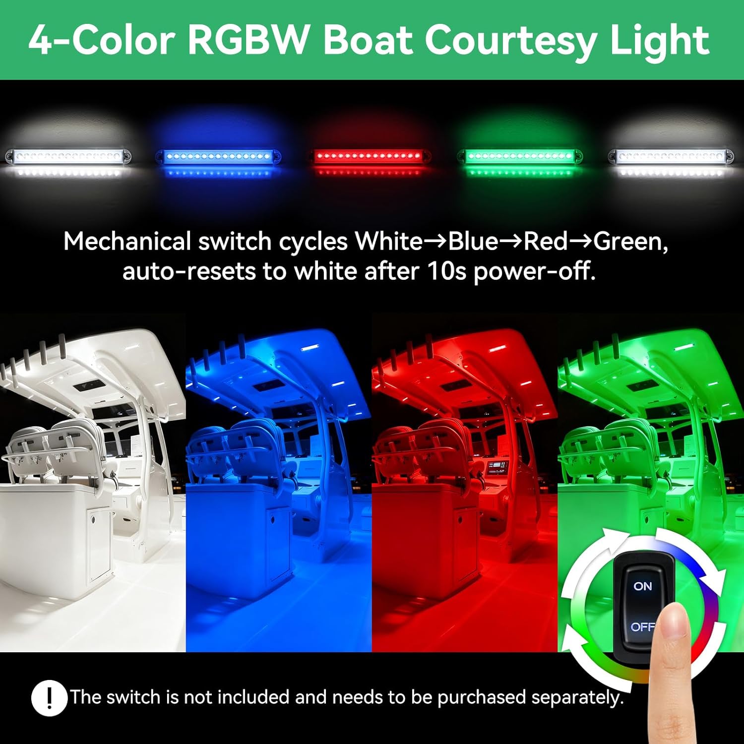 RGBW Boat LED Courtesy Light 12V 4PCS, 8 Inches Marine Courtesy Light Strip, IP67 Waterproof Boat Cabin Lights Interior Lighting for Pontoon Sailboat Bass Yacht Kayak - Image 2