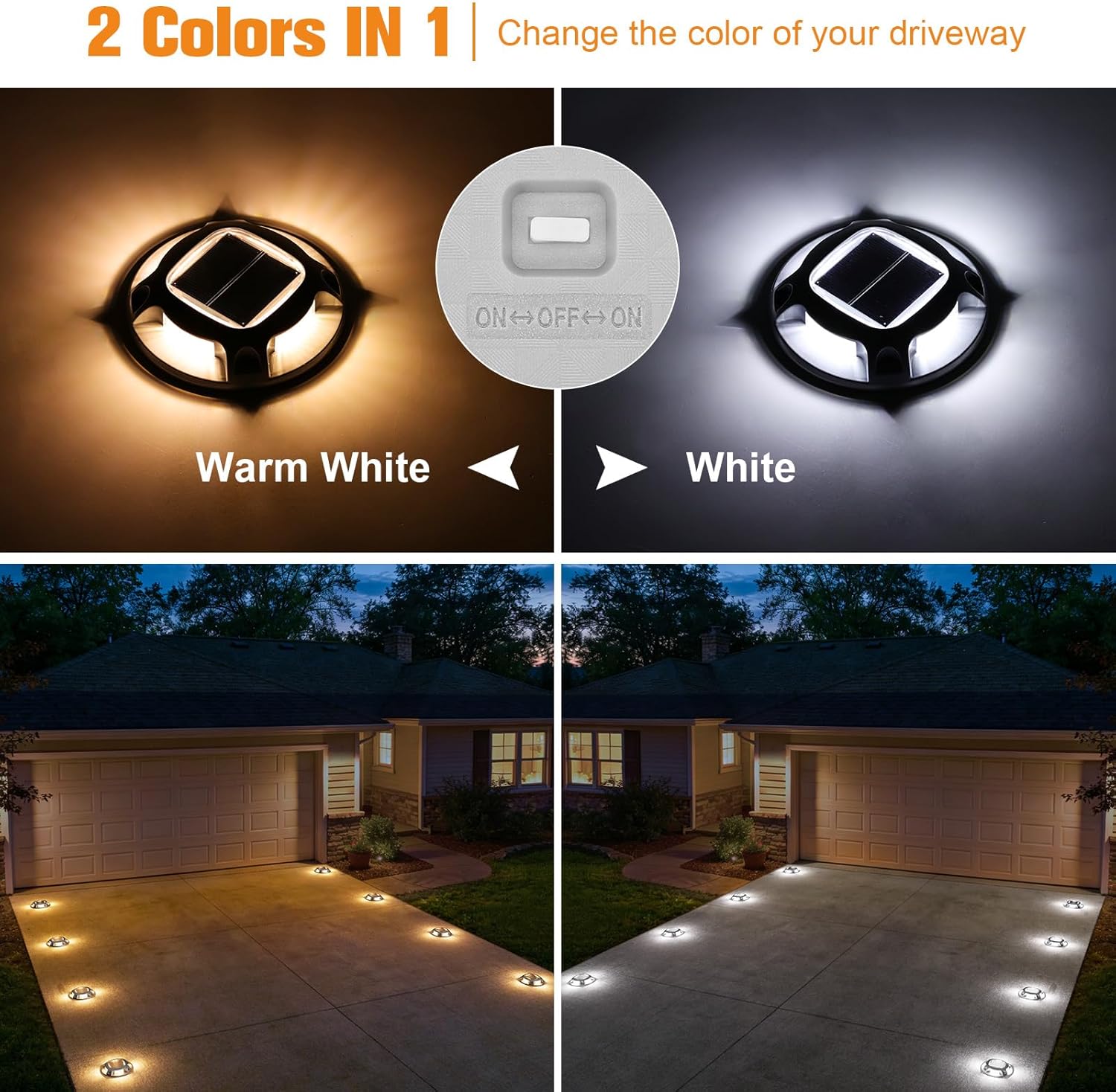 VOLISUN Solar Driveway Lights Dock Marine Lights 12 Pack,2 Colors in 1,Outdoor IP67 LED Deck Light,Solar Powered Waterproof Warning Step Light for Driveway Sidewalk Pathway (White/Warm White) - Image 2