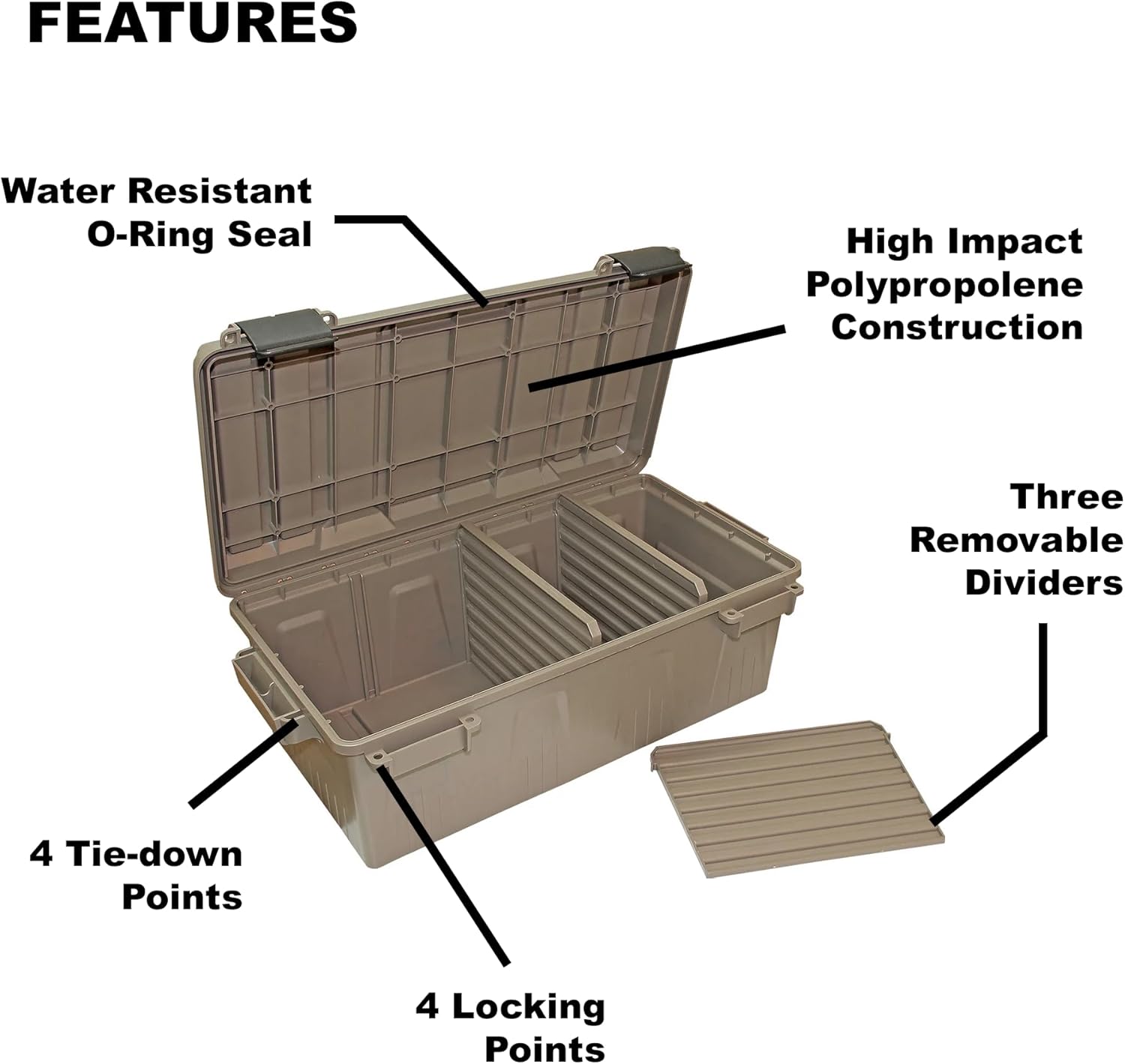 MTM ACDC30 Divided Ammo Crate Utility Box, Outdoor Gear & Tool Storage, Water- Resistant, Stackable, Snap Latch, 21"x11.2"x7.5", USA Made, Dark Earth - Image 6