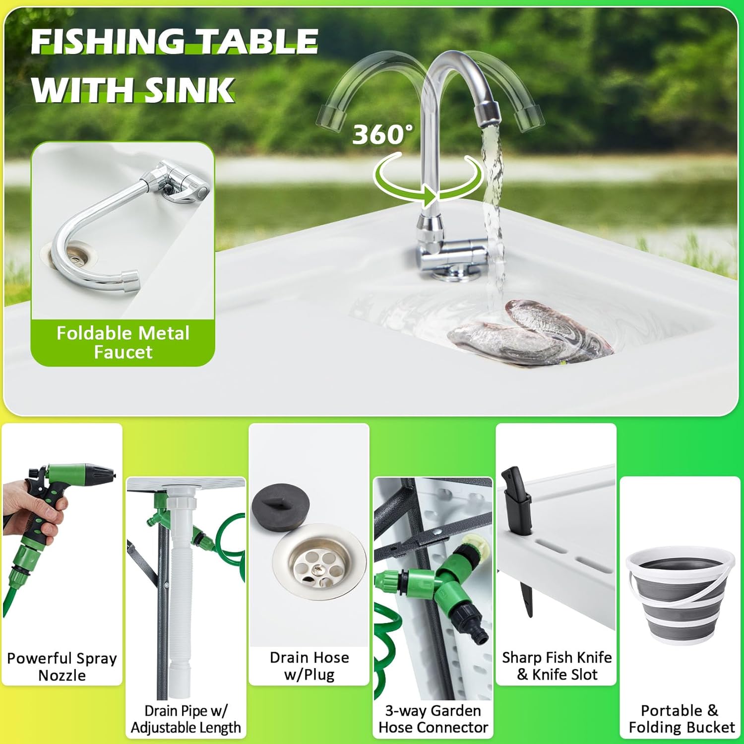 Folding Fish Cleaning Table with Collapsible Bucket, Portable Outdoor Fillet Station Camping Sink Table with Faucet, Drainage Hose & Sprayer, Grid Rack, Knife Groove for Picnic Fishing - Image 8