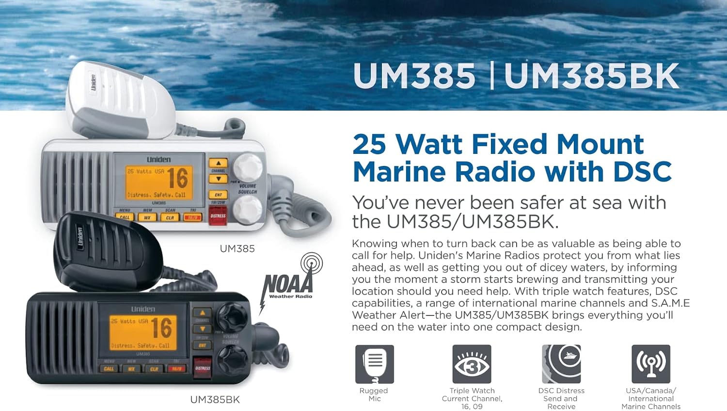 Uniden UM385 25 Watt Fixed Mount Marine Vhf Radio, Waterproof IPX4 with Triple Watch, Dsc, Emergency/Noaa Weather Alert, All Usa/International/Canadian Marine Channels, Memory Channel Scan, White - Image 4