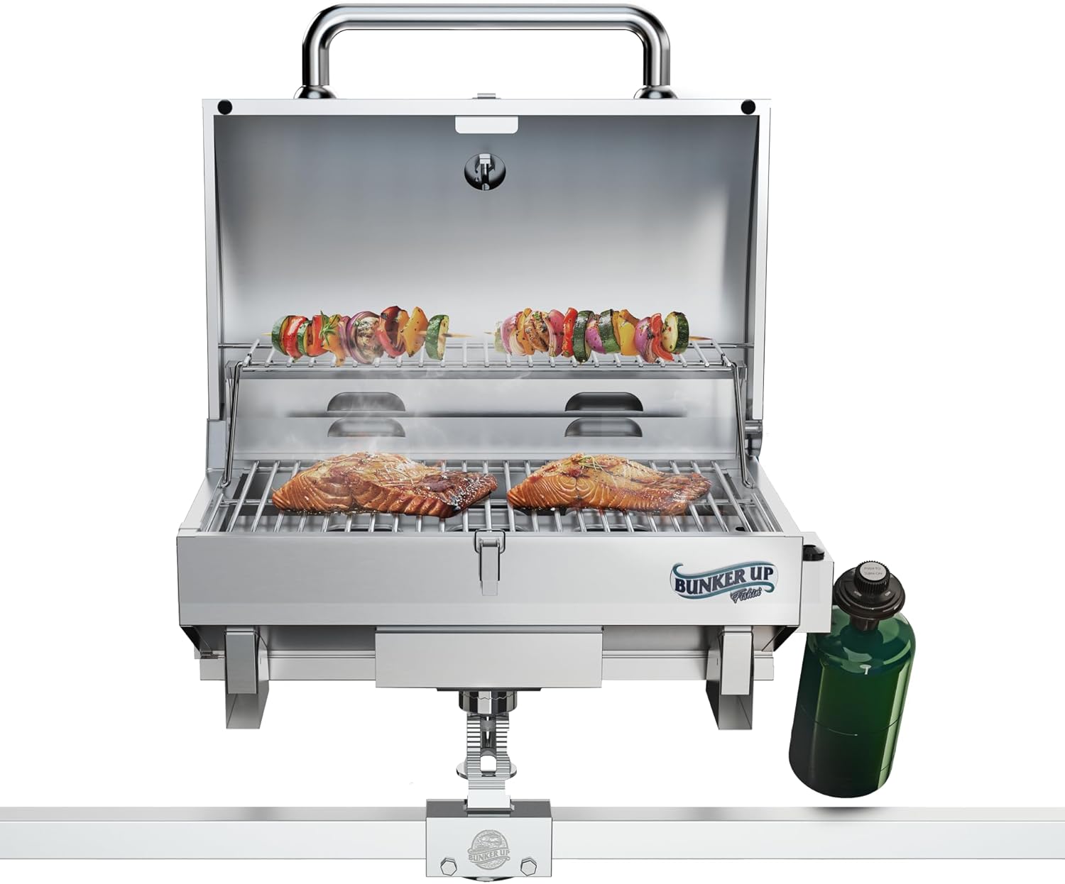 Bunker Up Fishin Stainless Steel Boat Grill with Pontoon Railing Mount - Fits 1 1/4″ Square Rail - Great for Boating and Camping, 12000 BTU, 277 sq.in Grilling Space and 87 sq.in Warming Rack