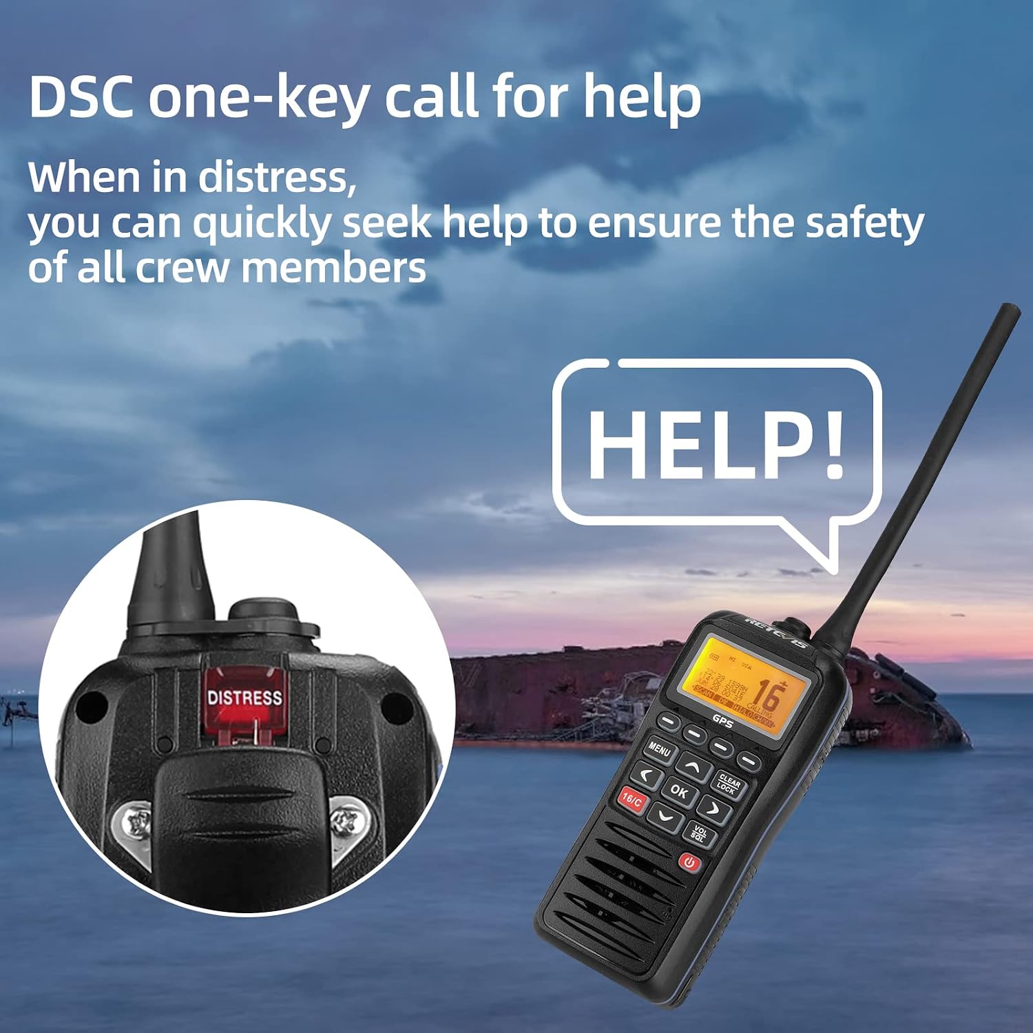 Retevis RM40 Marine Radio with GPS,DSC Distress Call,Mob Alarm,IP67 Waterproof Floating Handheld Radio,NOAA Weather Alert,1500mAh Battery,International Channels,for Boats Sailing Coast Guard (1 Pack) - Image 4