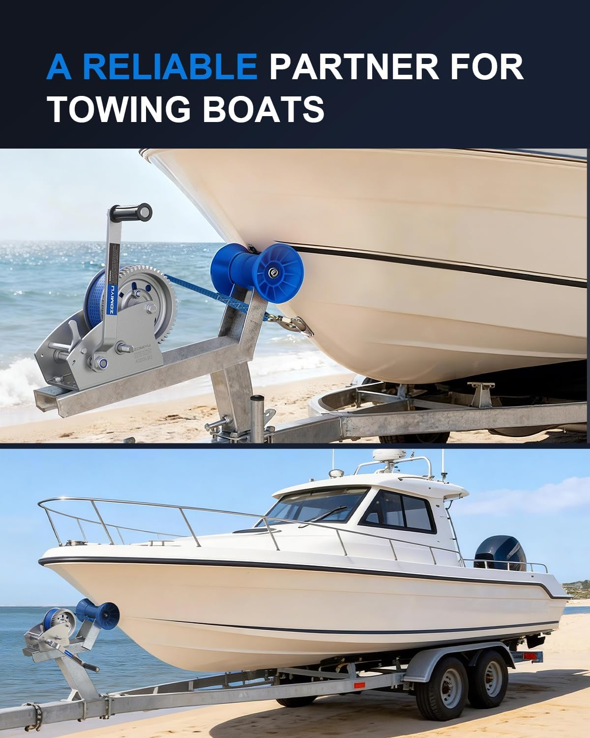 4000lb Boat Trailer Winch, Upgraded 2-Way Ratchet with Enhanced Wider Gears and Switch, 5.4:1/16.6:1 Gear Ratio, 33FT Polyester Strap, Heavy Duty Hand Winch for Boat, ATV, Trailer, Jet Ski - Image 7