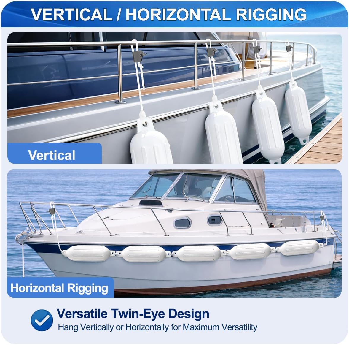 White Boat Fenders for Docking 5.5."/6.5"/8.5" Inflatable Ribbed Marine Boat Fender with Fender Lines 6.5ft, Stainless Steel Fender Hanger Clips - Image 7