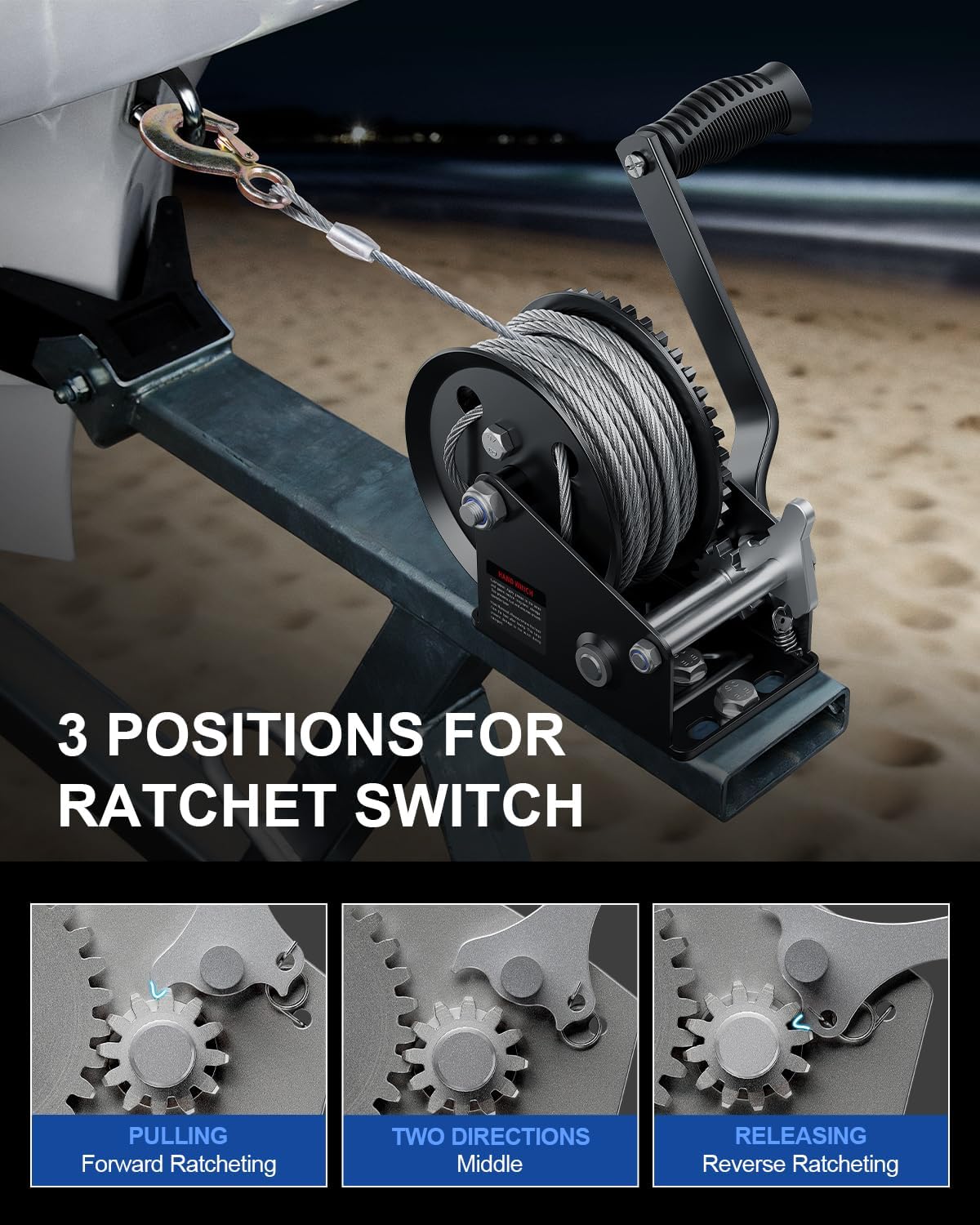 Boat Trailer Winch 1600lb, Portable Hand Crank Winch with 26FT Steel Cable, 2-Way Ratchet 4:1 Gear Ratio for Boat, ATV, Jet Ski, Marine Towing - Image 6