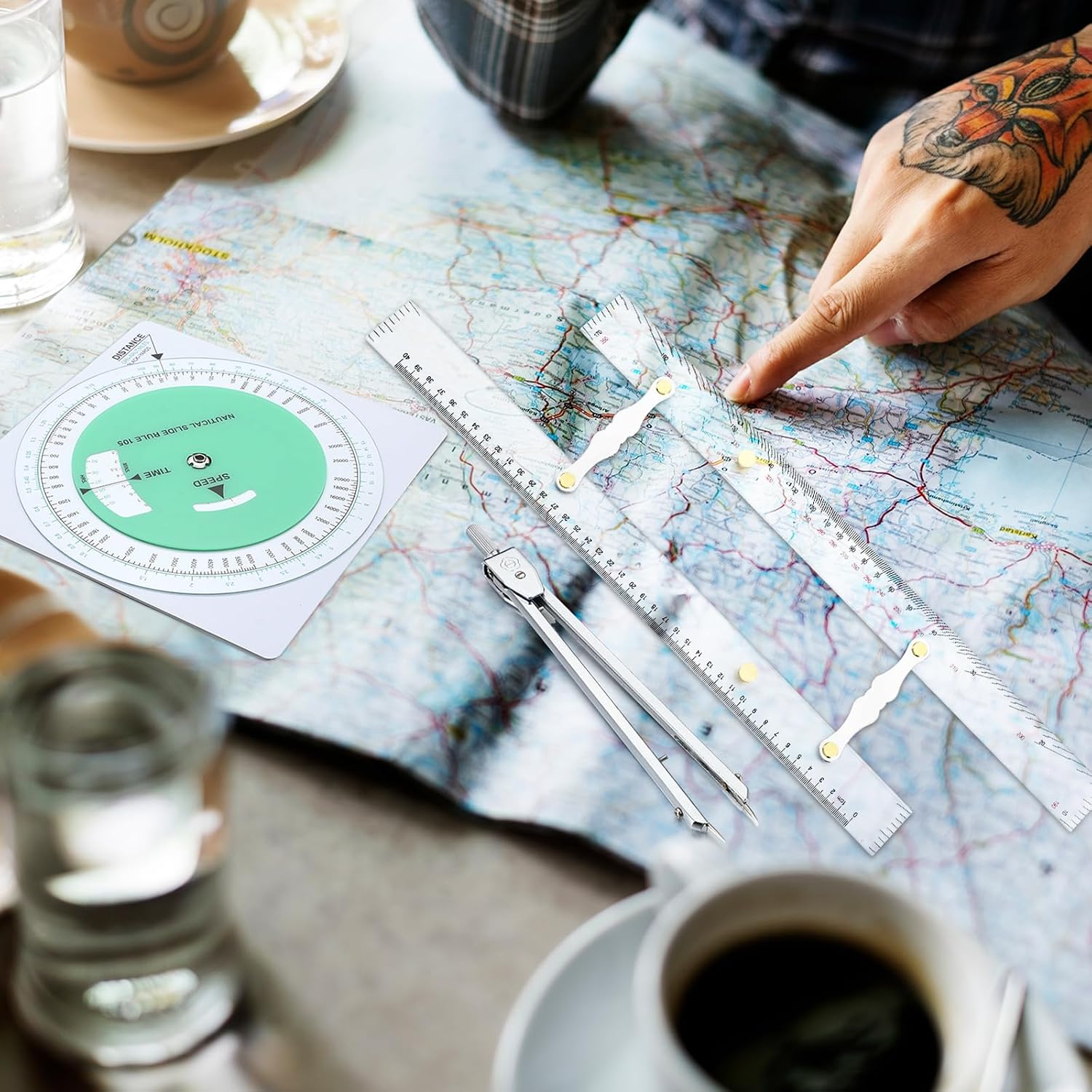 Dunzoom 3 Pcs Marine Navigation Kit, Basic Navigation Set Include 18" Marine Parallel Ruler with Clear Scales, 8" Diameter Nautical Plotter Protractor, 6" Fixed Point Divider for Boat Accessories - Image 7
