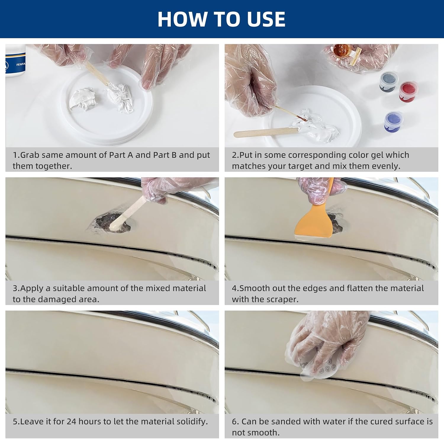 FENFANDAS Fiberglass Boat Repair Kit (Color Match), Gel Coat Repair Kit for Boats, Marine Fiberglass Repair Kit for Boats, Epoxy Filler for Boats, Fiberglass Repair Kit Fix Holes Chips Pits Cracks - Image 6