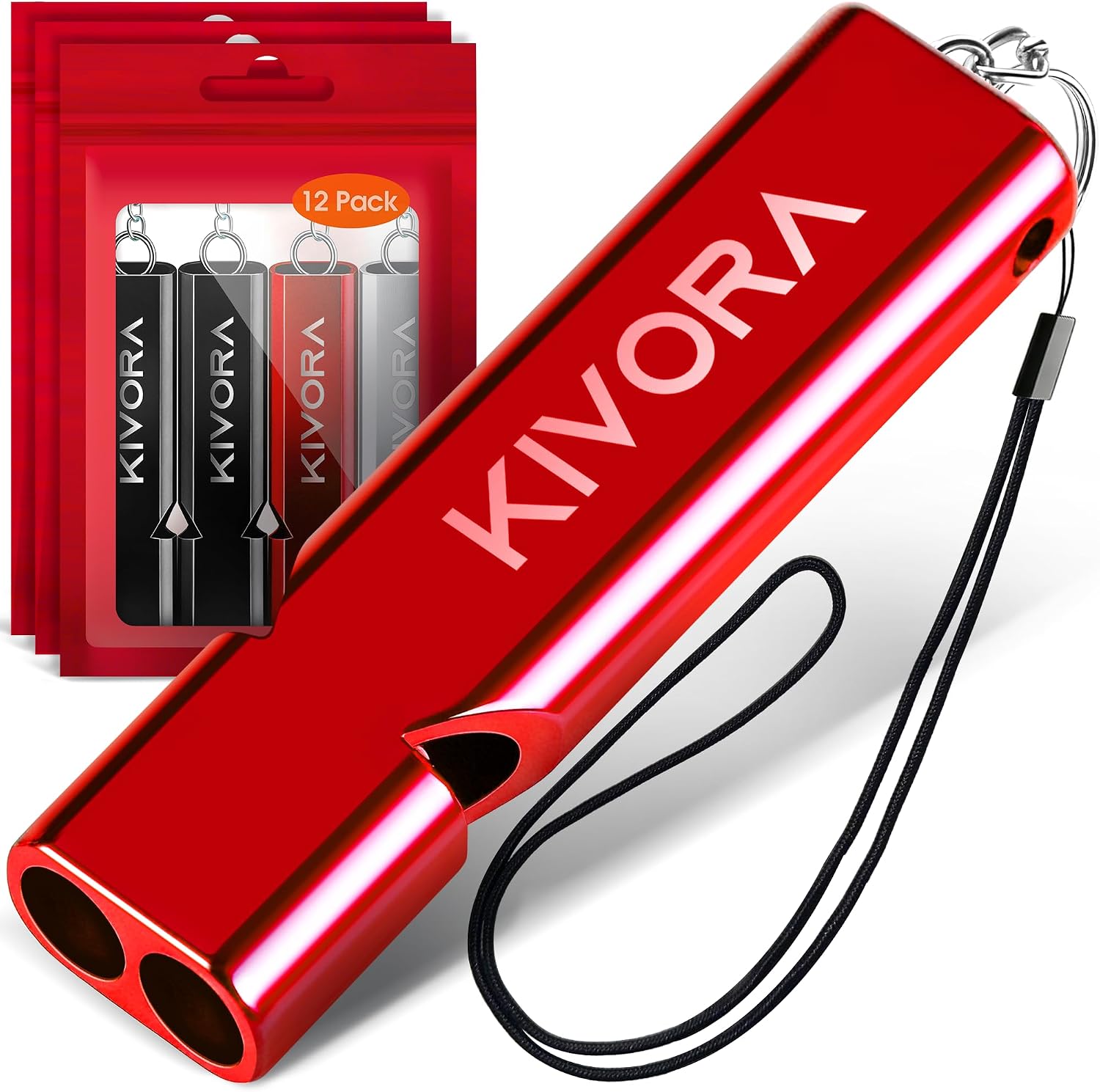 KIVORA Emergency Whistle, 12PCS Premium Safety Survival Whistles with Lanyard Keychain, High Pitch Double Tubes for Outdoor Hiking Camping Hunting
