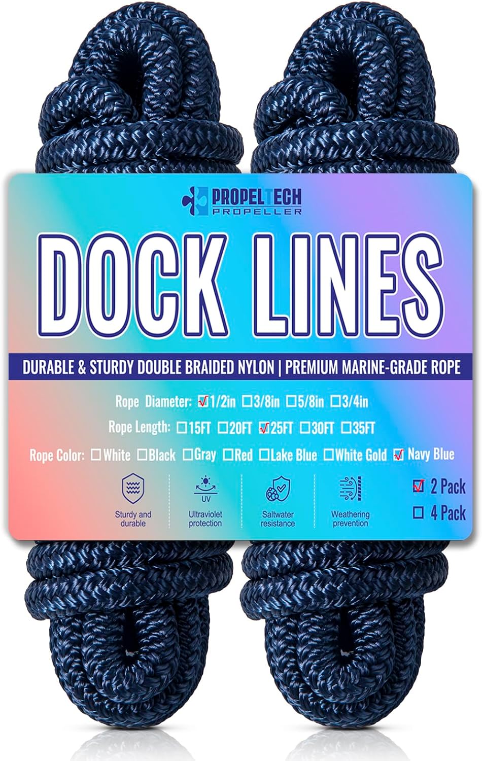 2 Pack 1/2" x 25' Boat Dock Lines,Double Braided Nylon Boat Ropes,Pre-Spliced with 12''Loop Mooring Ropes,Marine Grade Boat Line Dock Rope for Pontoon & Boat,High Strength,Abrasion Resistant-Navy Blue