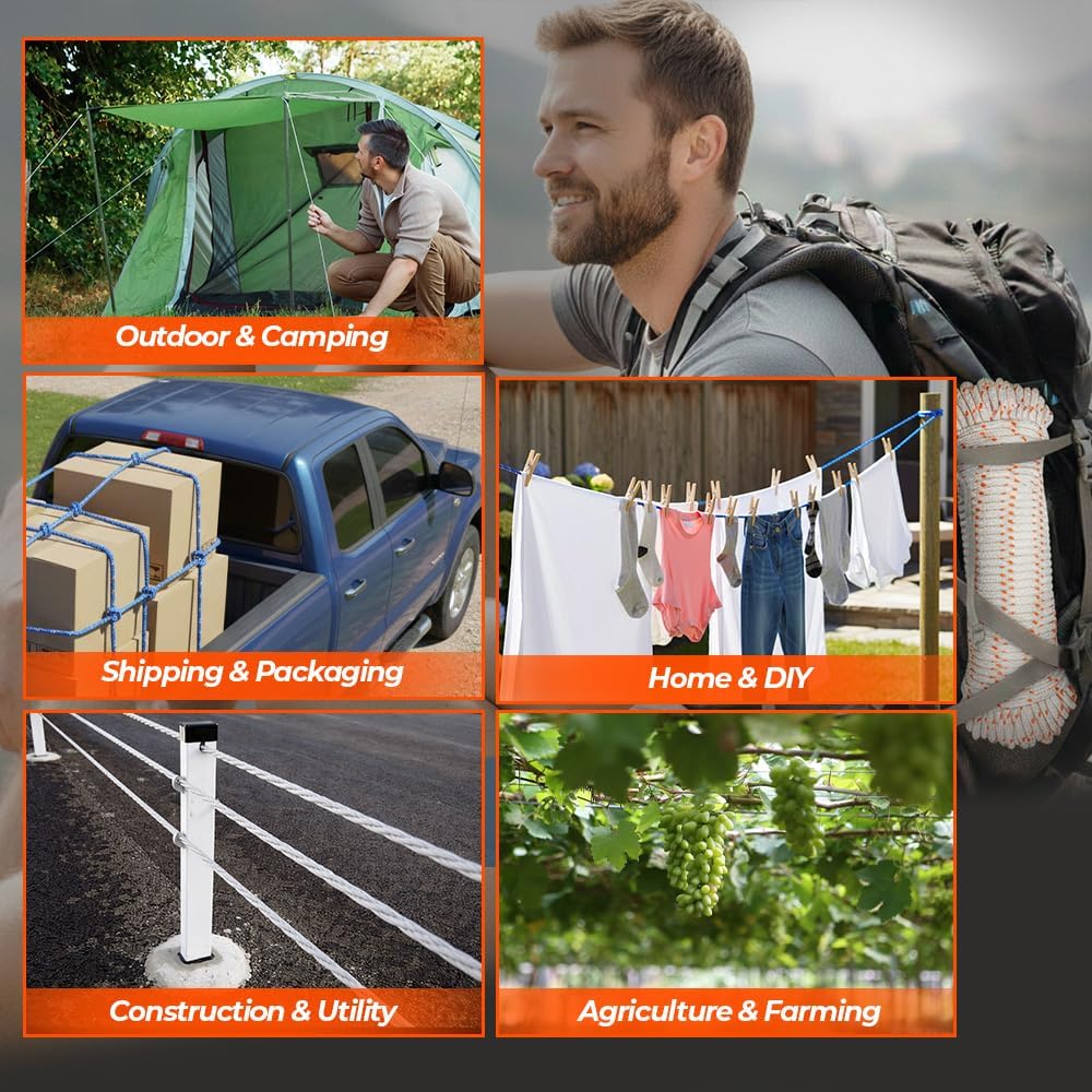 Heavy Duty Polyester Double Braided Rope, Arborist Rigging, Tree Work, Halyard, Sailing, 2200lbs High Strength Support for Camping, Hiking & Utility Use (White/Orange, 3/16in X 100FT) - Image 6