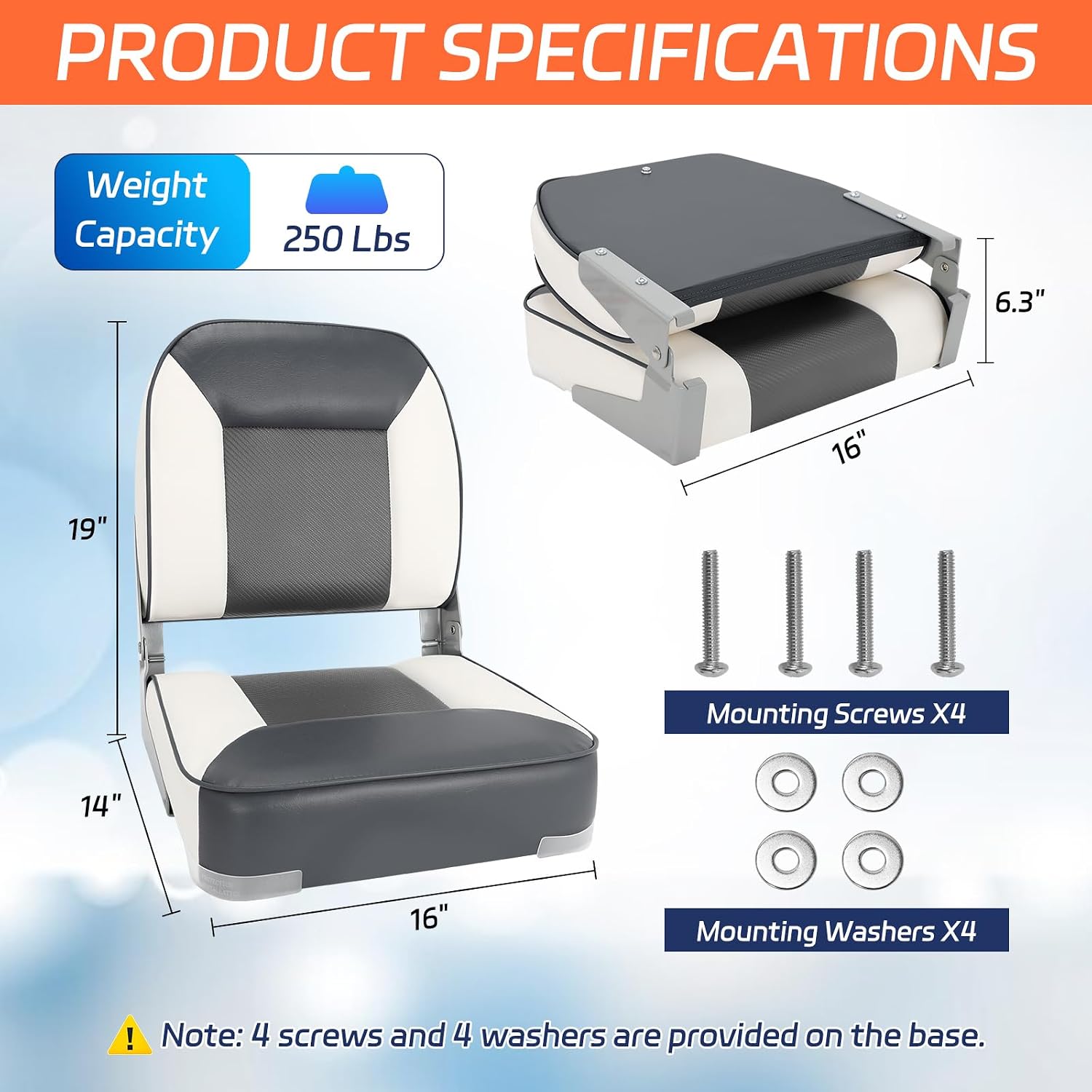 Boat Seats 2 Pack, Skureay Low/High Back Fishing Folding Boat Seat Waterproof Captain Boat Chair,Boatseat 2 Pack Suitable for Jon/Pontoon/Canoe/Bass Tracker Boat seats-UNIQUE Color Design (Gray/White) - Image 3